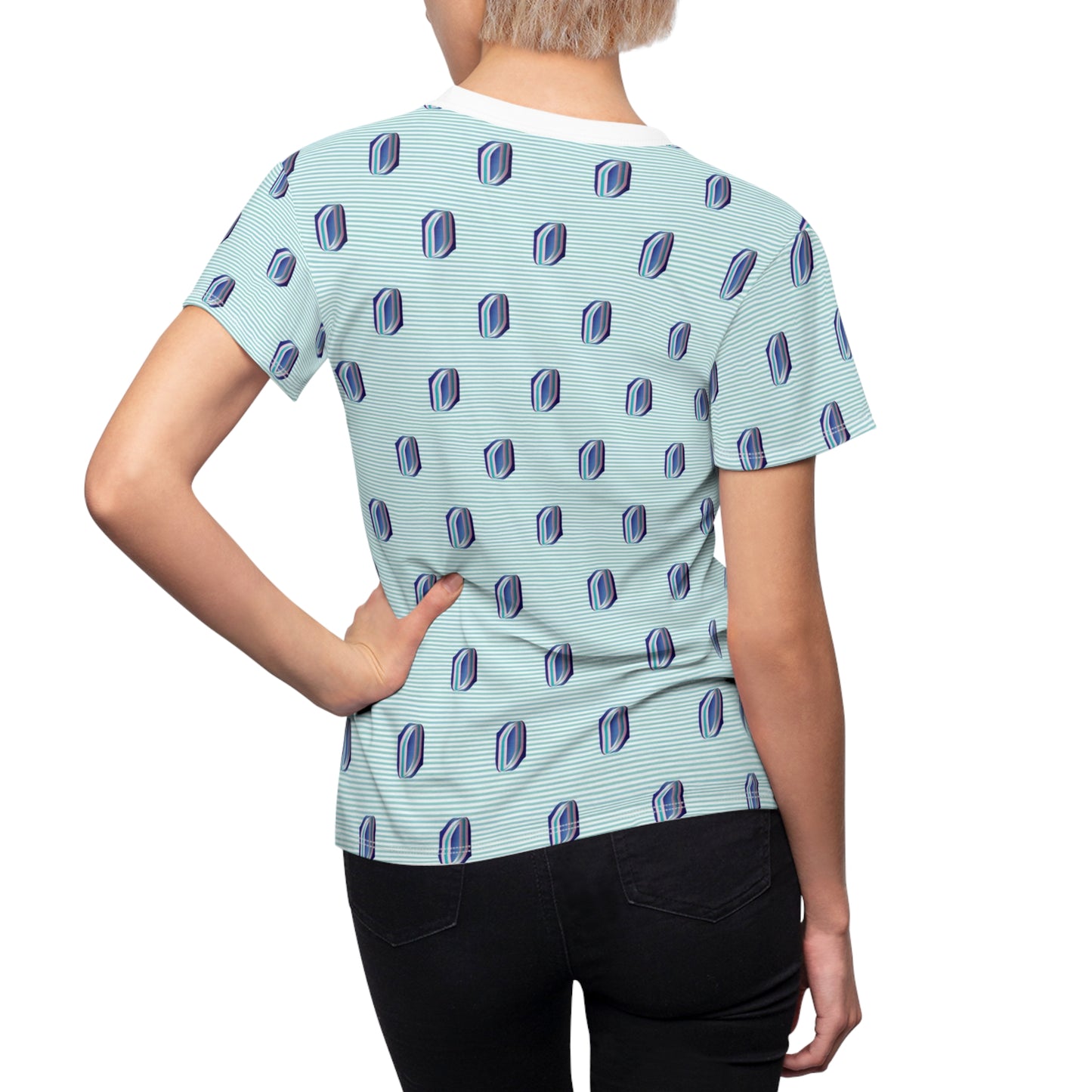 Women's Cut & Sew Tee (AOP) Kukloso Whimsical No 57 No 2 Pink & Navy Shapes on Aqua lines - Free Shipping