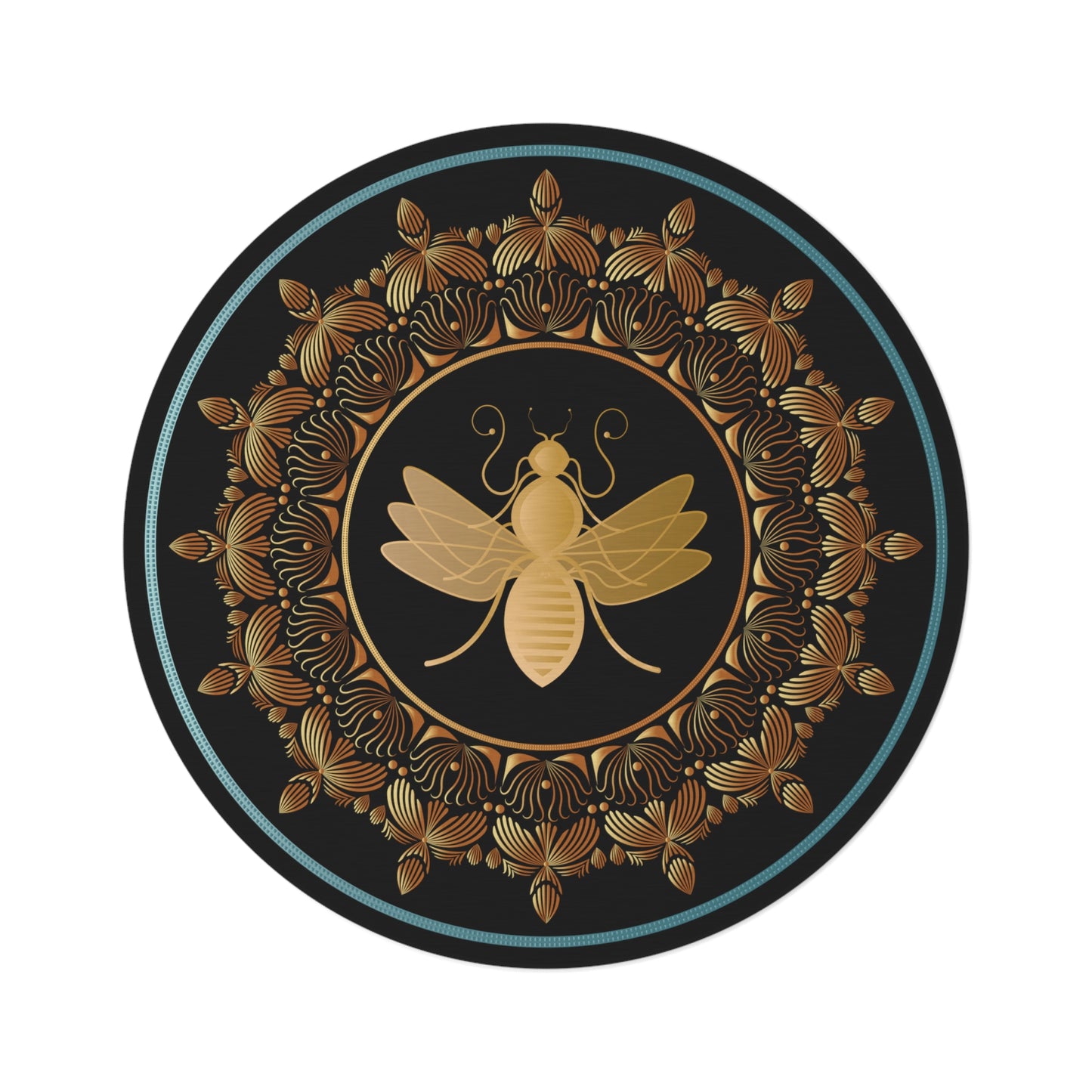 Round Rug Kukloso 4391-A  Mandala Queen Bee Gold on Black Free Shipping