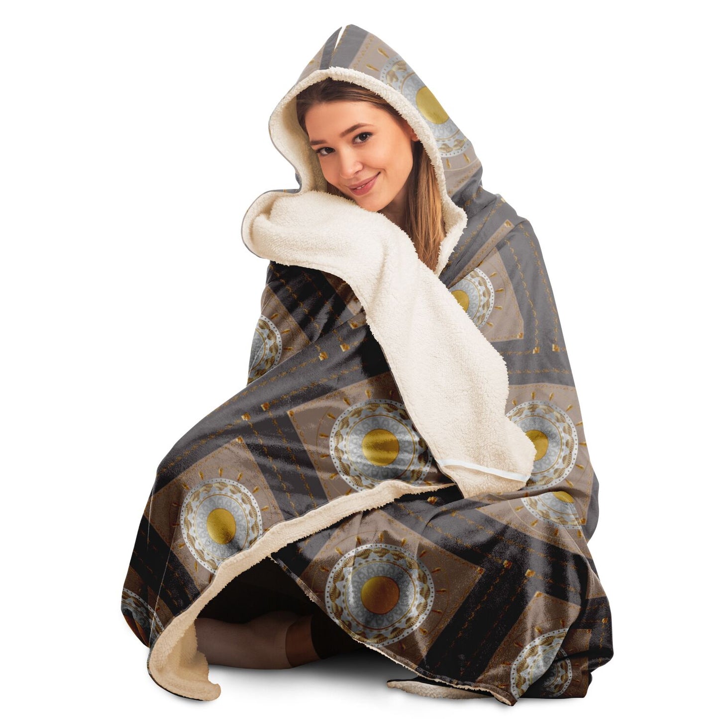 Hooded Blanket - AOP Mandala No 15 Gold, Silver, Tan on Gray