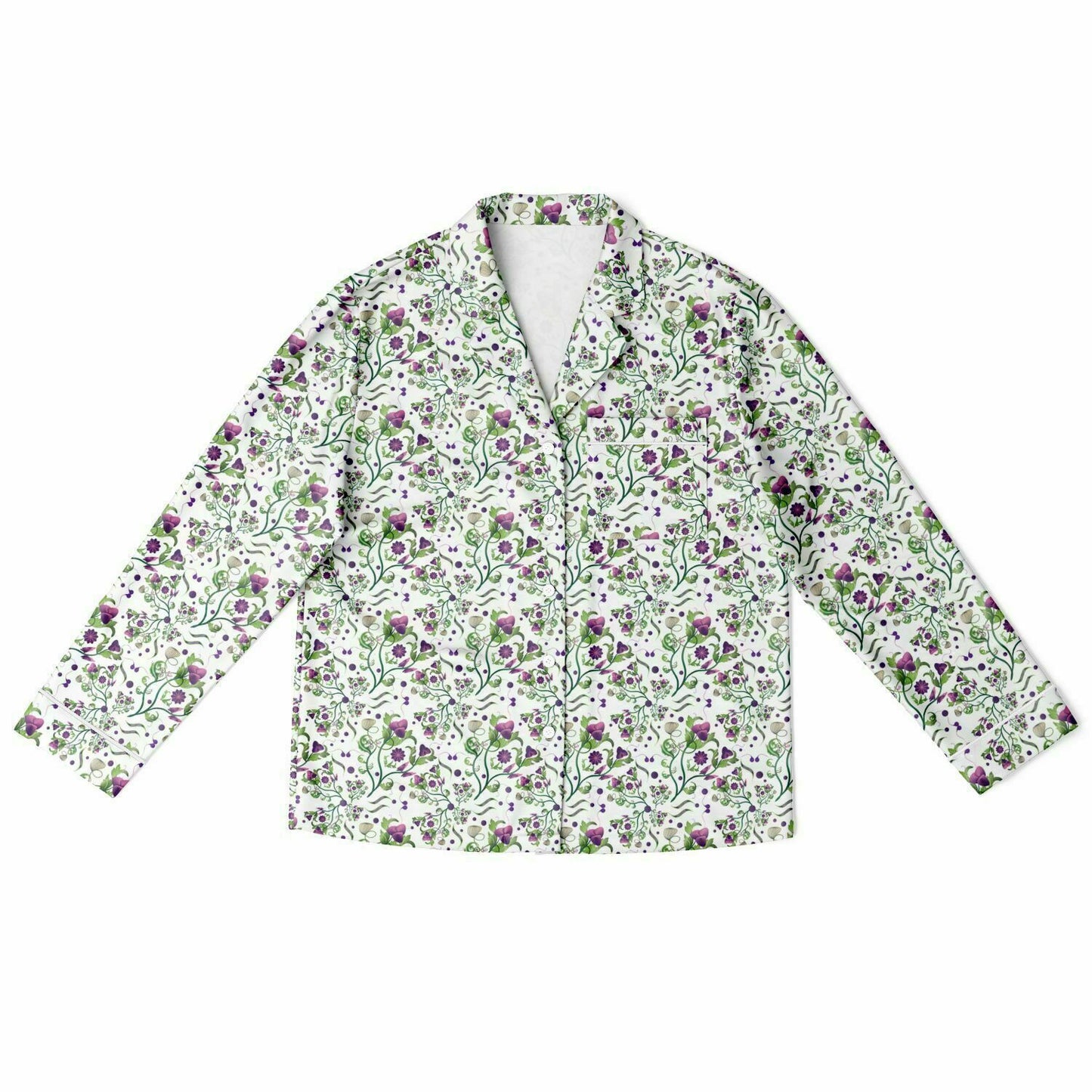 Women's Satin Pajamas AOP Kukloso Melange de fleur No 7 Multicolored Green & Violet flowers on White - Free Shipping