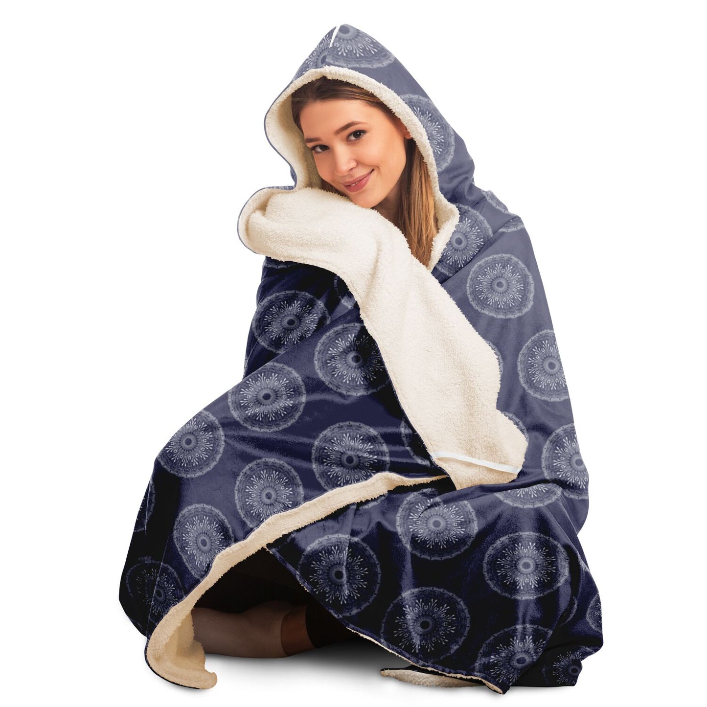 Hooded Blanket - AOP Mandala No 1 White on Pastel Navy