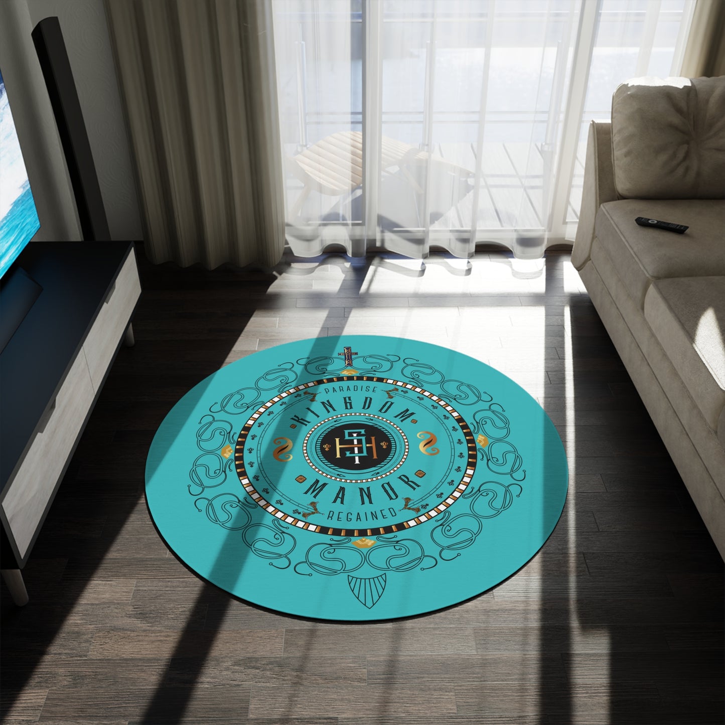 Round Rug Kukloso "Kingdom Manor' IHS initials Christogram Free Shipping