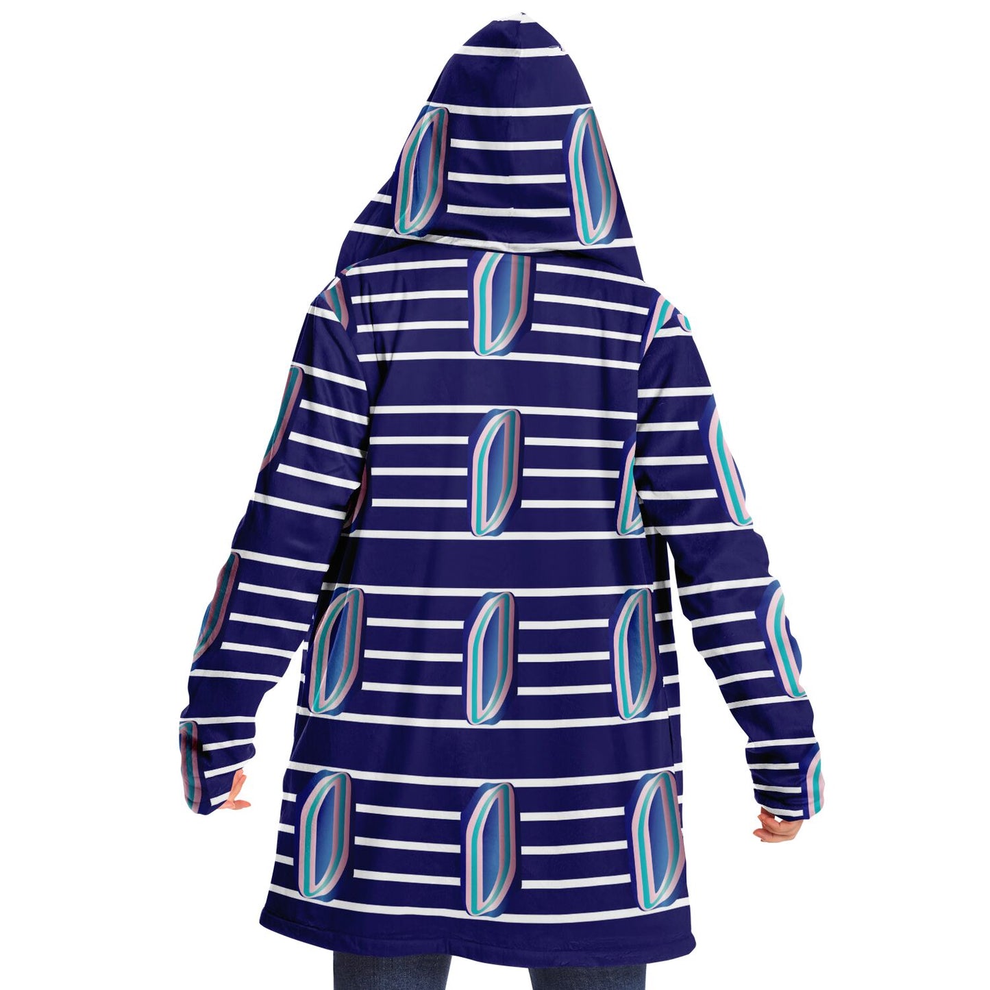 Microfleece Cloak - AOP Kukloso Whimsical No 56 Navy & Aqua abstract shapes on wide Navy stripes. - Free Shipping