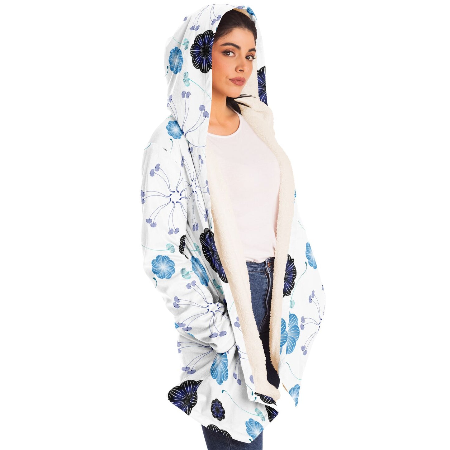 Microfleece Cloak - AOP Kukloso Abstractical No 272 Navy-Aqua mini-Mandala shapes on White - Free Shipping