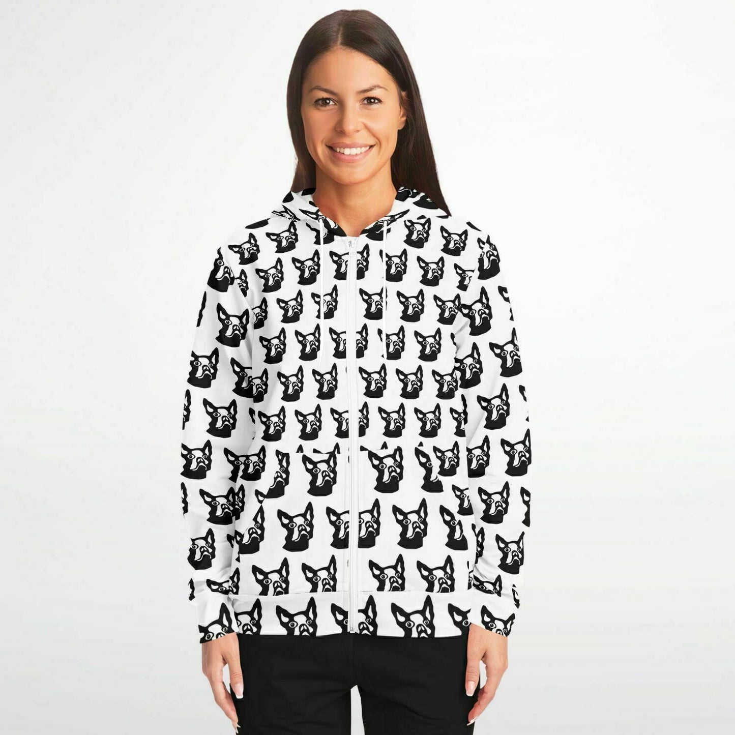 Fashion Zip-Up Hoodie - AOP Kukloso Boston Terrier Dog Black on White - Free Shipping