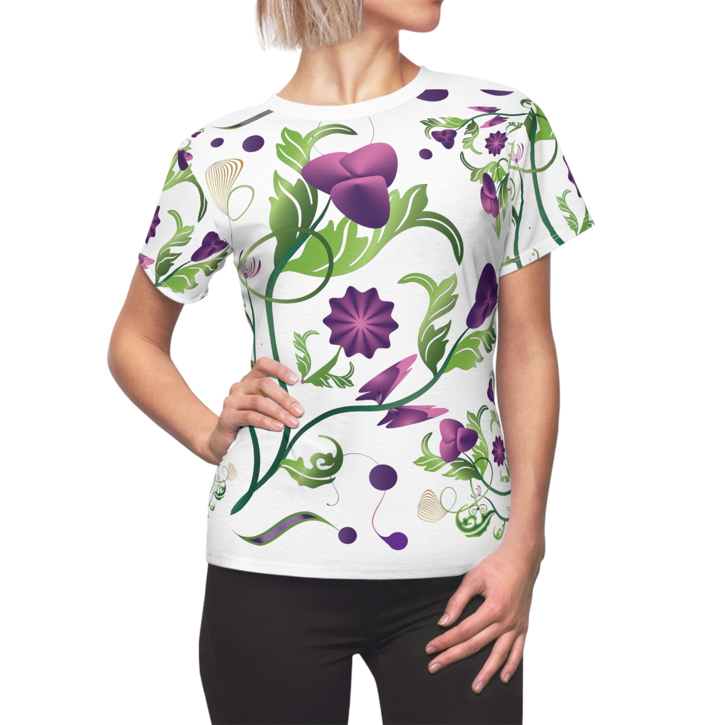 Women's Cut & Sew Tee (AOP) Kukloso Melange de fleur No 7 Abstract Flowers - Purple & Green - Free Shipping