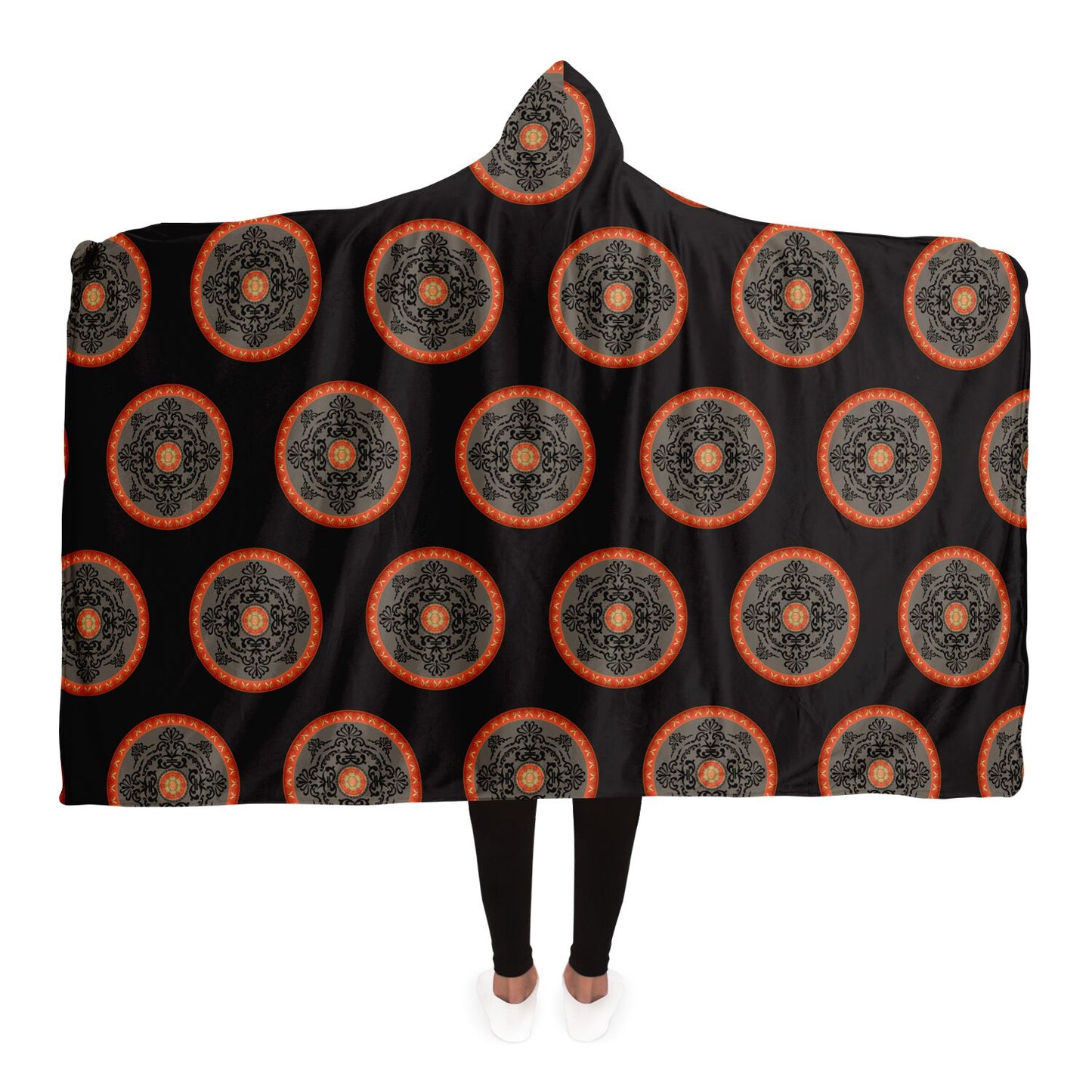 Hooded Blanket - AOP Mandala No 7 Red, Gray on Black