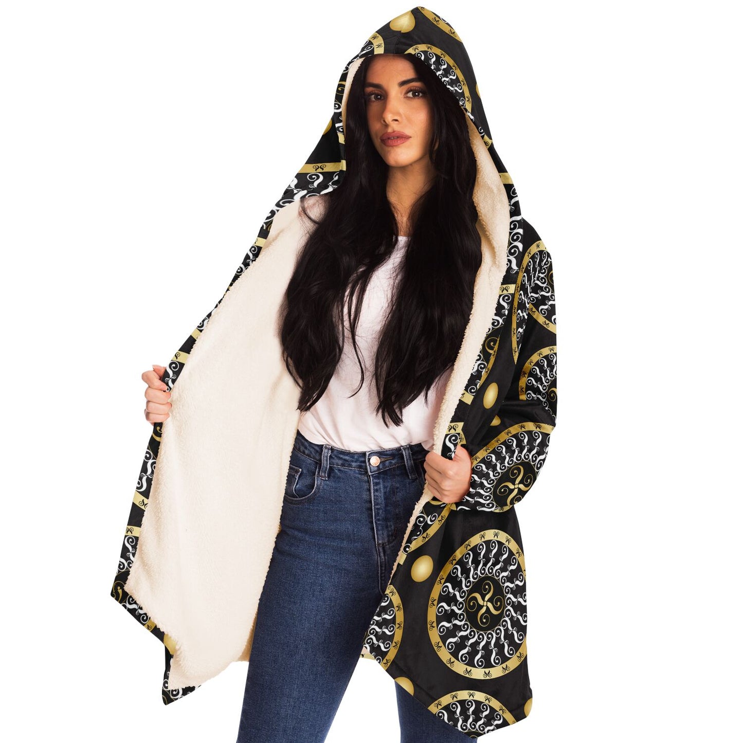 Microfleece Cloak - AOP  Kukloso Abstractical No 173 Gold & White Mandala on Black - Free Shipping