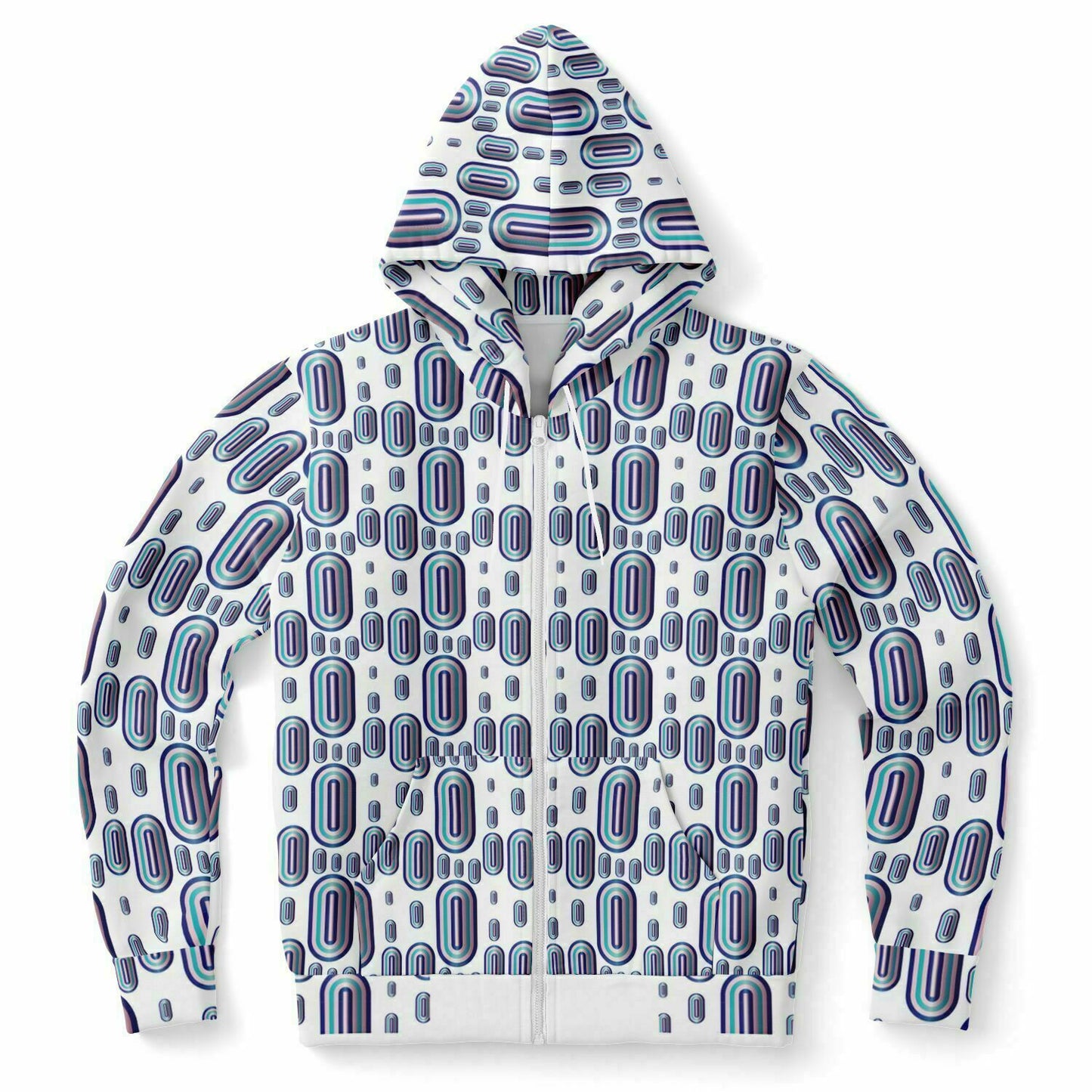 Fashion Zip-Up Hoodie - AOP Kukloso Abstractical No 93 Aqua, Pink, Navy shapes on White - Free Shipping