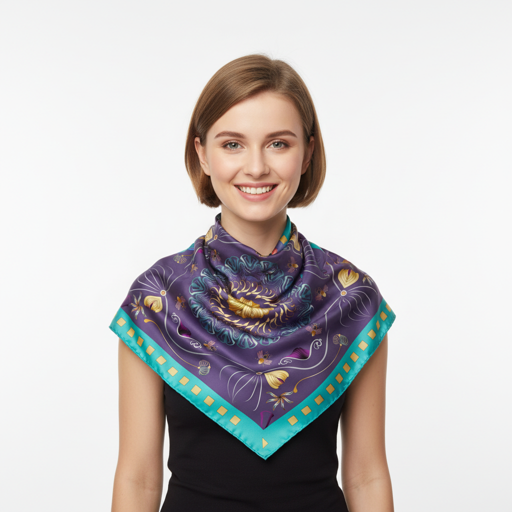 100% Silk Charmeuse Square Scarf Busy Bee Violet Mandala