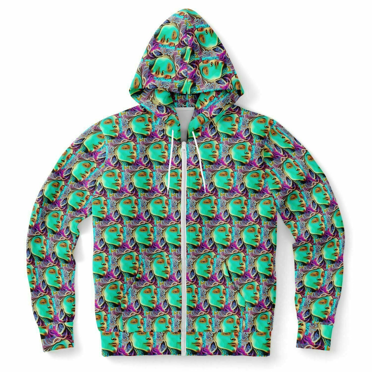 Fashion Zip-Up Hoodie - AOP Kukloso Cubist Faces No 4 Green - Free Shipping - Free Shipping