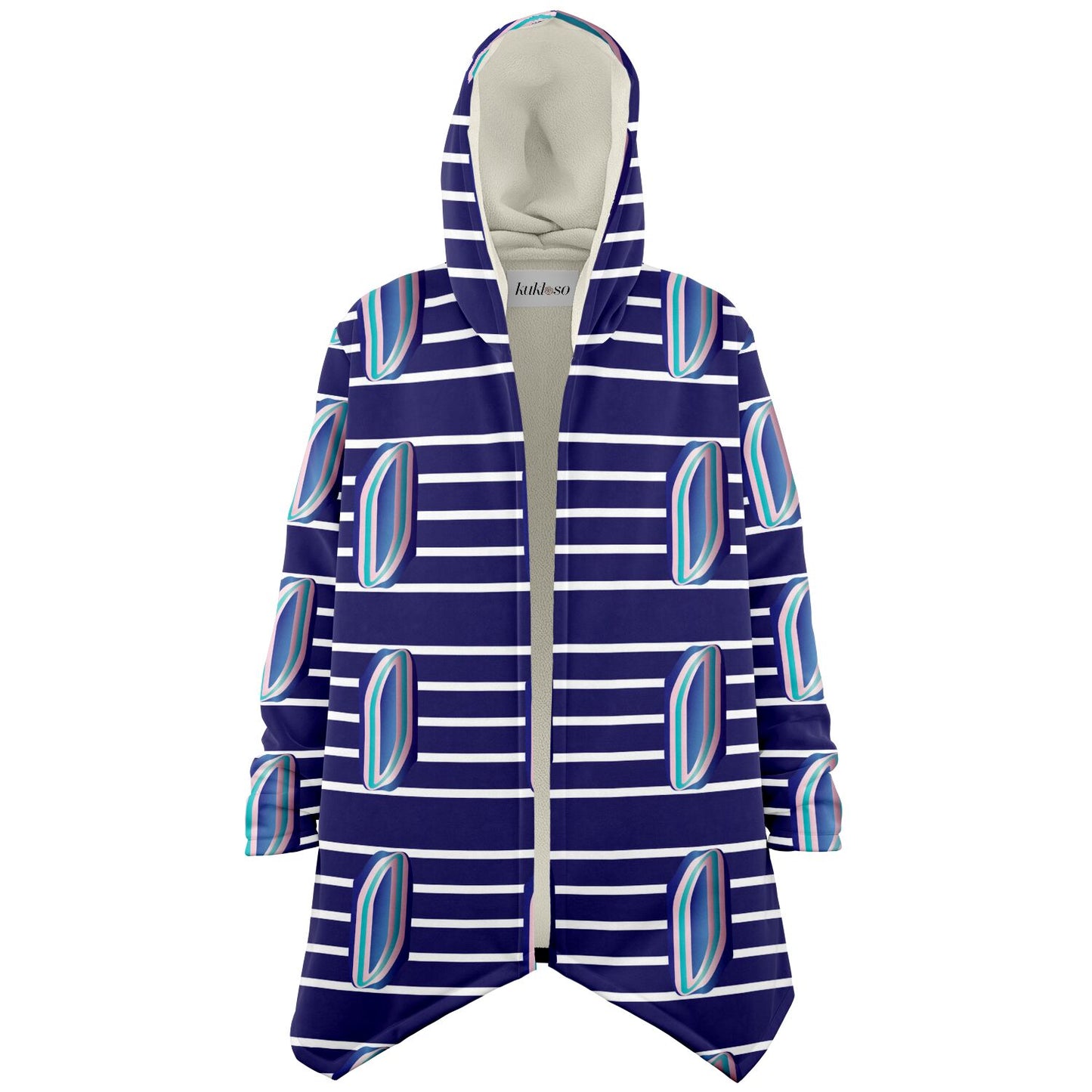 Microfleece Cloak - AOP Kukloso Whimsical No 56 Navy & Aqua abstract shapes on wide Navy stripes. - Free Shipping