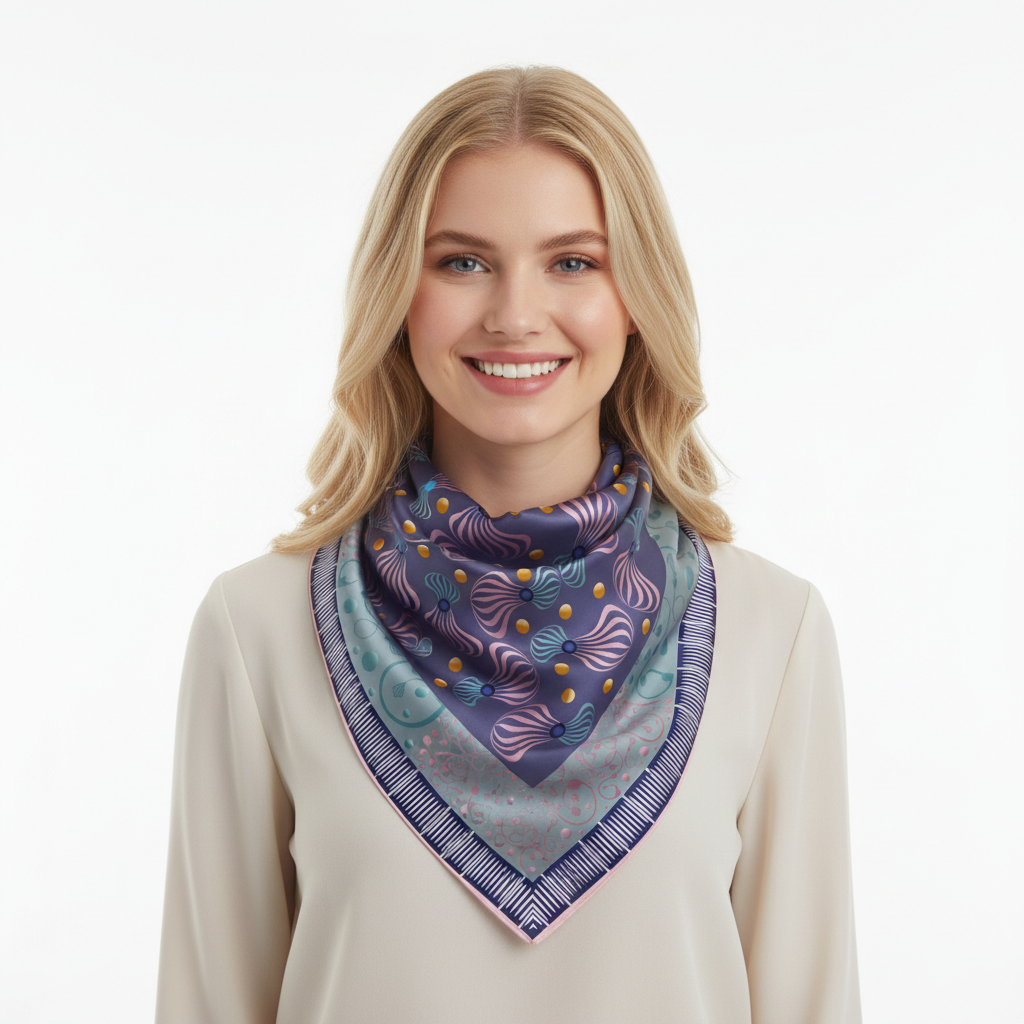 100% Silk Charmeuse Square Scarf Graphic Spirals Aqua and Pink