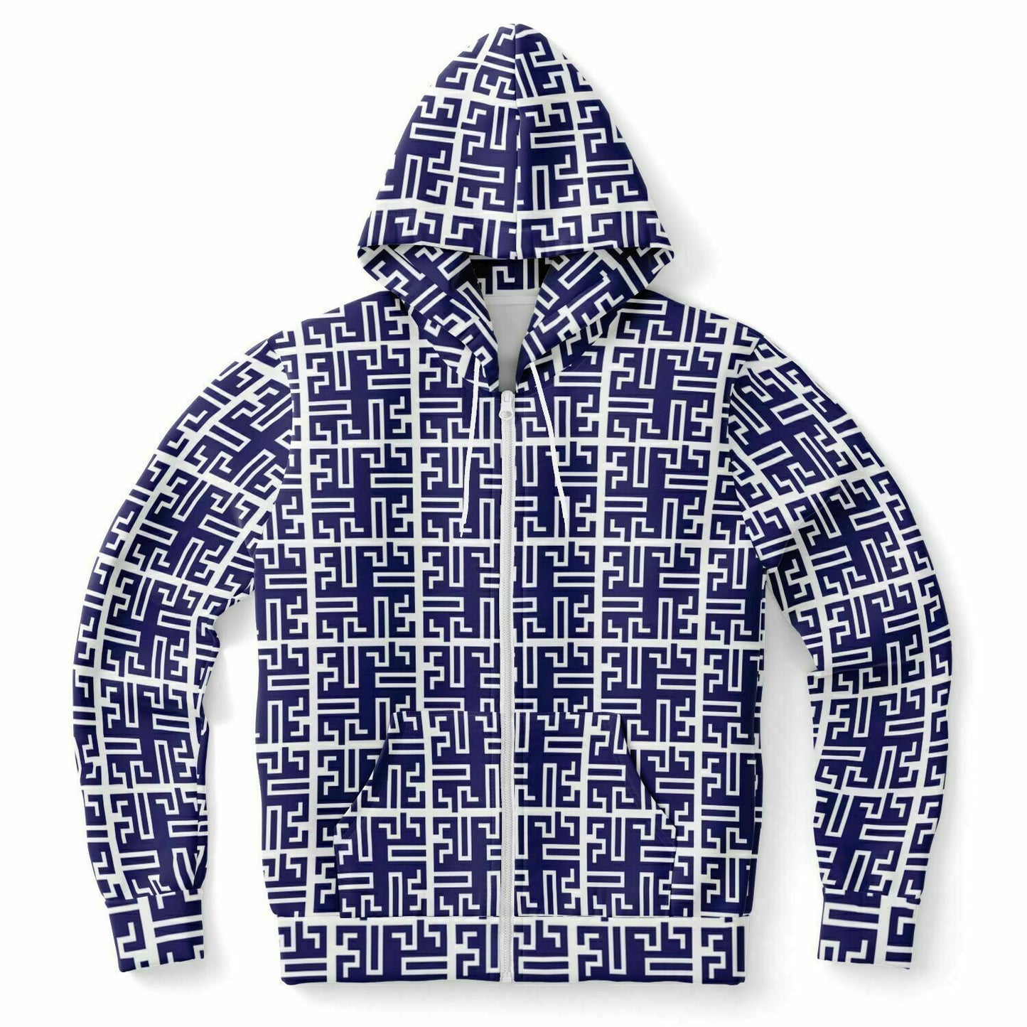 Fashion Zip-Up Hoodie - AOP Kukloso Greek Border No 54 White on Navy - Free Shipping