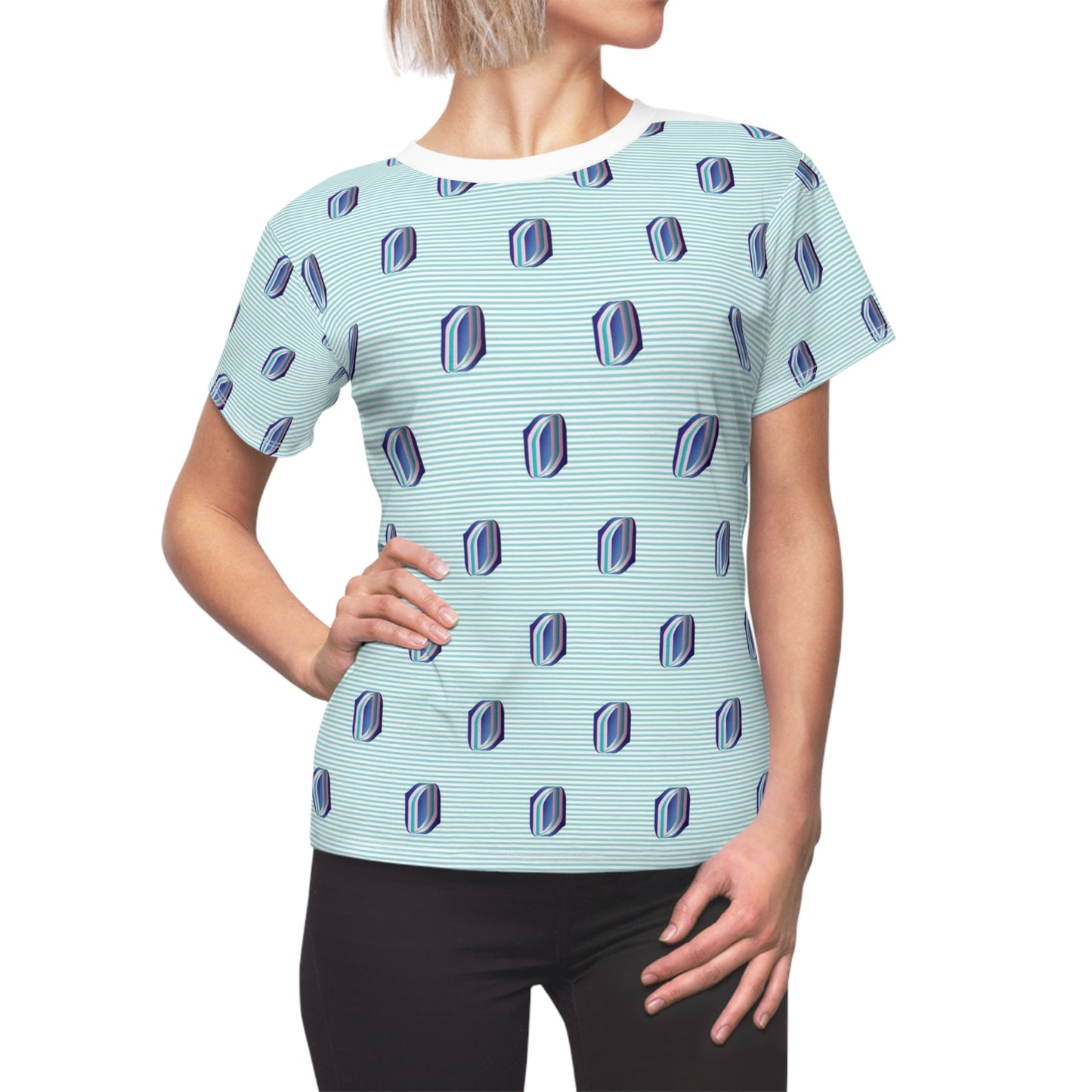 Women's Cut & Sew Tee (AOP) Kukloso Whimsical No 57 No 2 Pink & Navy Shapes on Aqua lines - Free Shipping