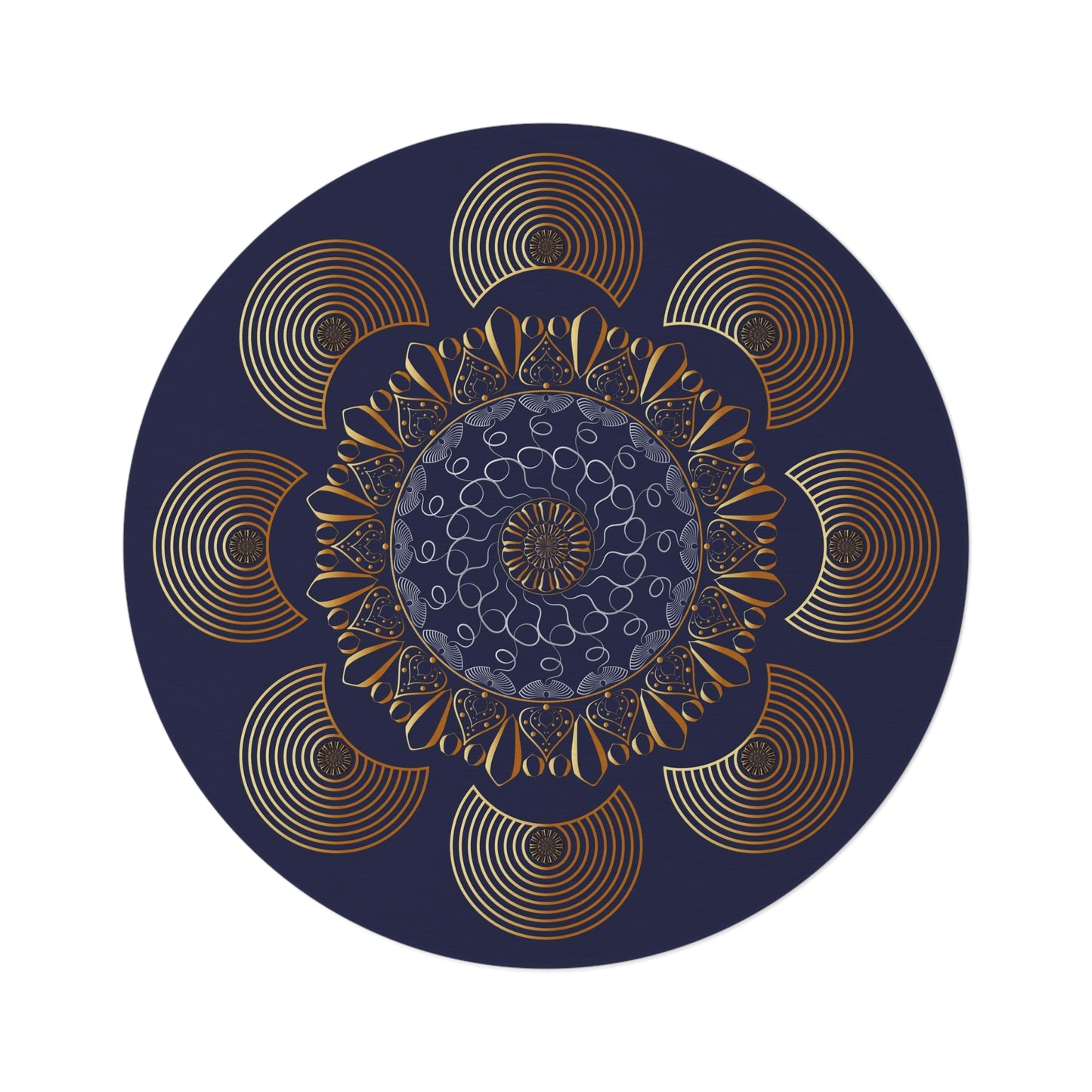 Round Rug  Kukloso Mandala No 158 Gold Design on Dark Navy Free Shipping