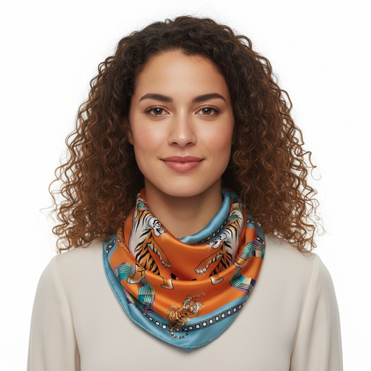 100% Silk Charmeuse Square Scarf  Two Dancing Tigers