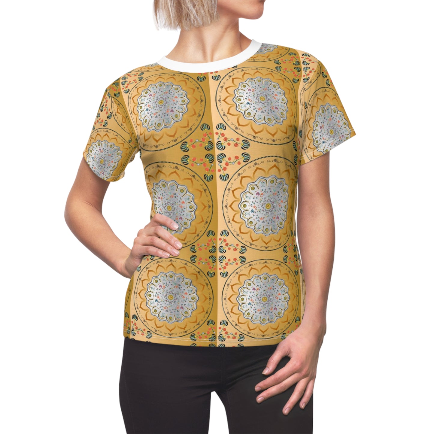 Women's Cut & Sew Tee (AOP) Kukloso Mandala No 139 No 8 Silver on Gold - Free Shipping