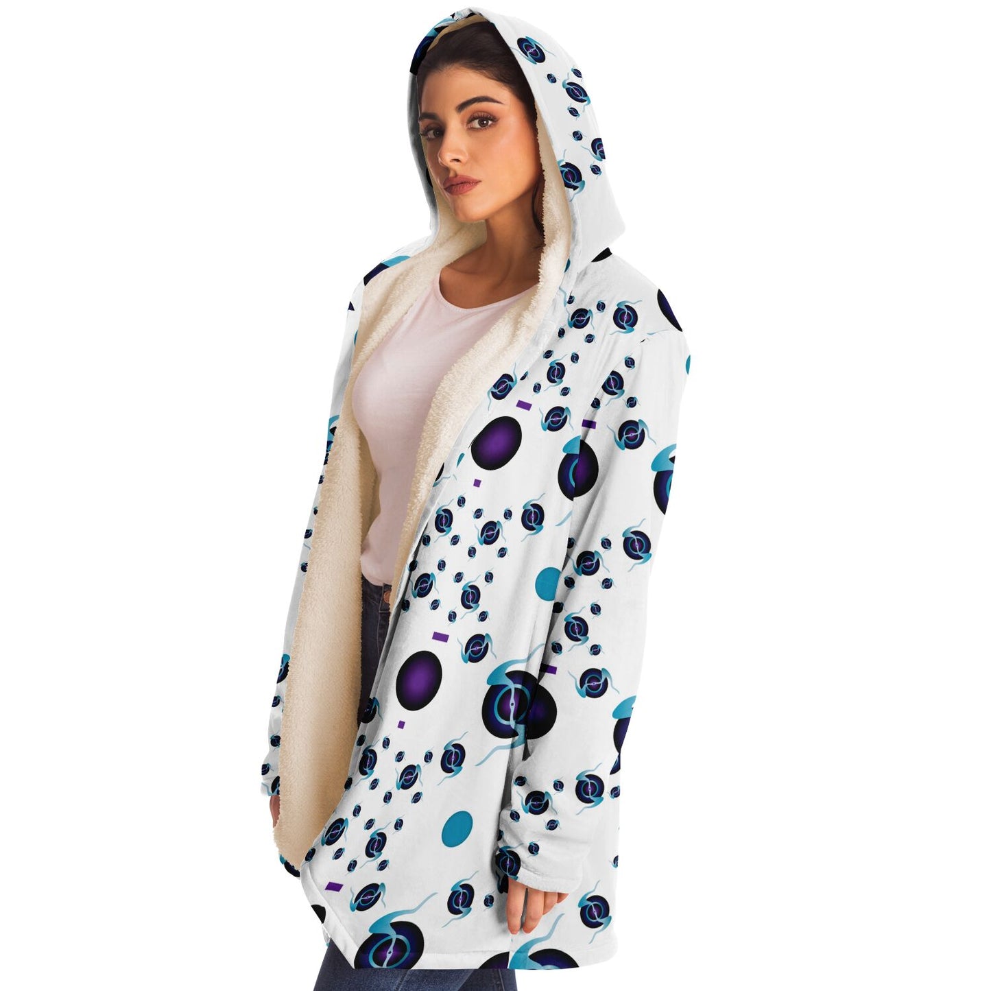 Microfleece Cloak - AOP Kukloso Abstractical No 225 Purple-Aqua orb shapes on White - Free Shipping