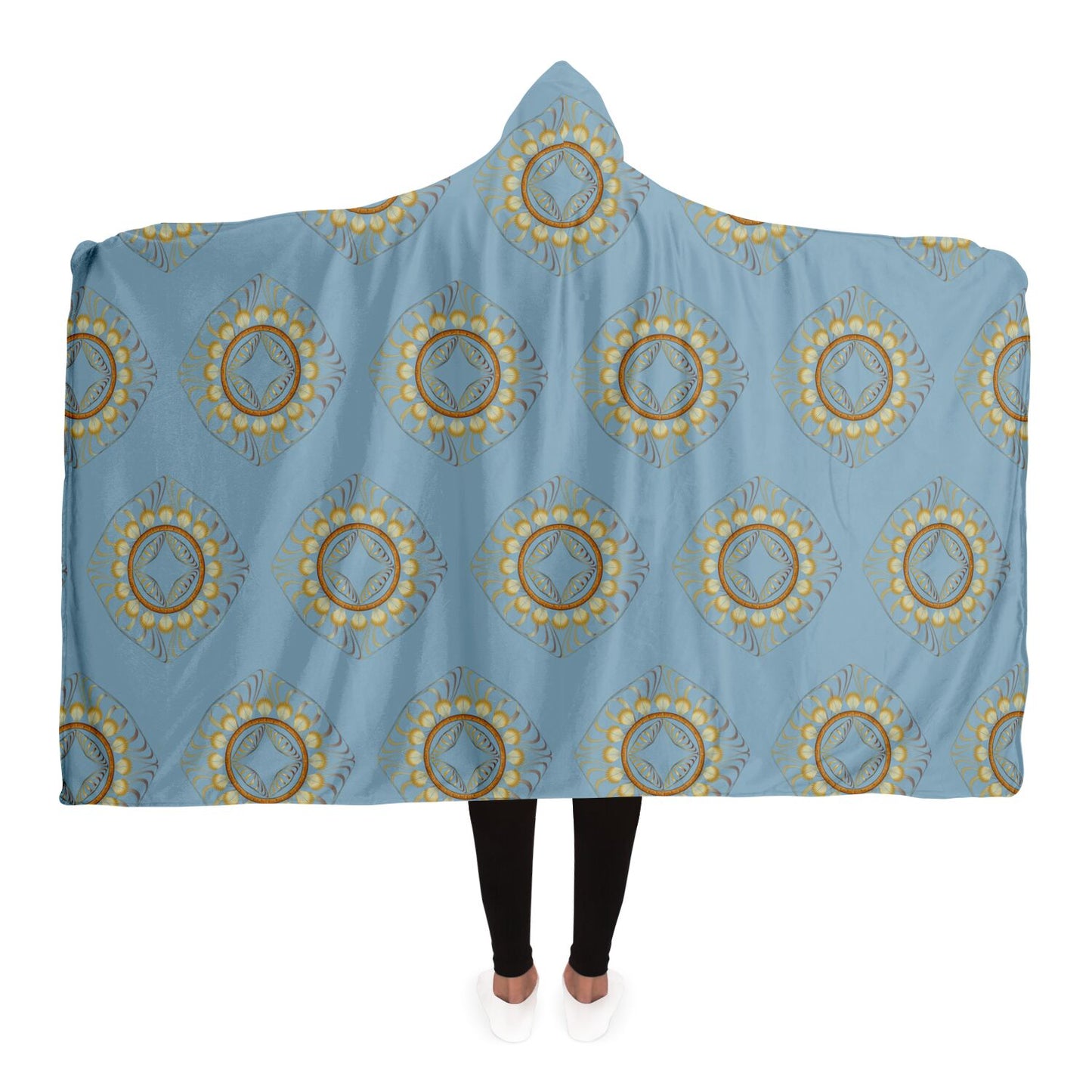 Hooded Blanket - AOP Mandala No 24 Gold on Warm Pale Blue