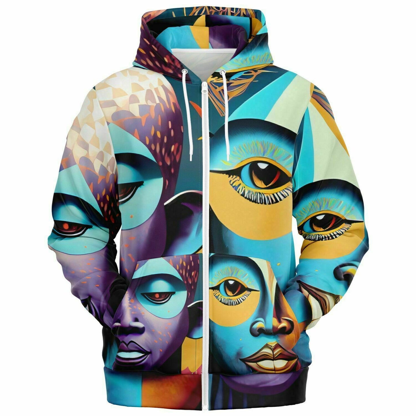 Fashion Zip-Up Hoodie - AOP Kukloso Cubist Faces No 2 Multicolored - Free Shipping