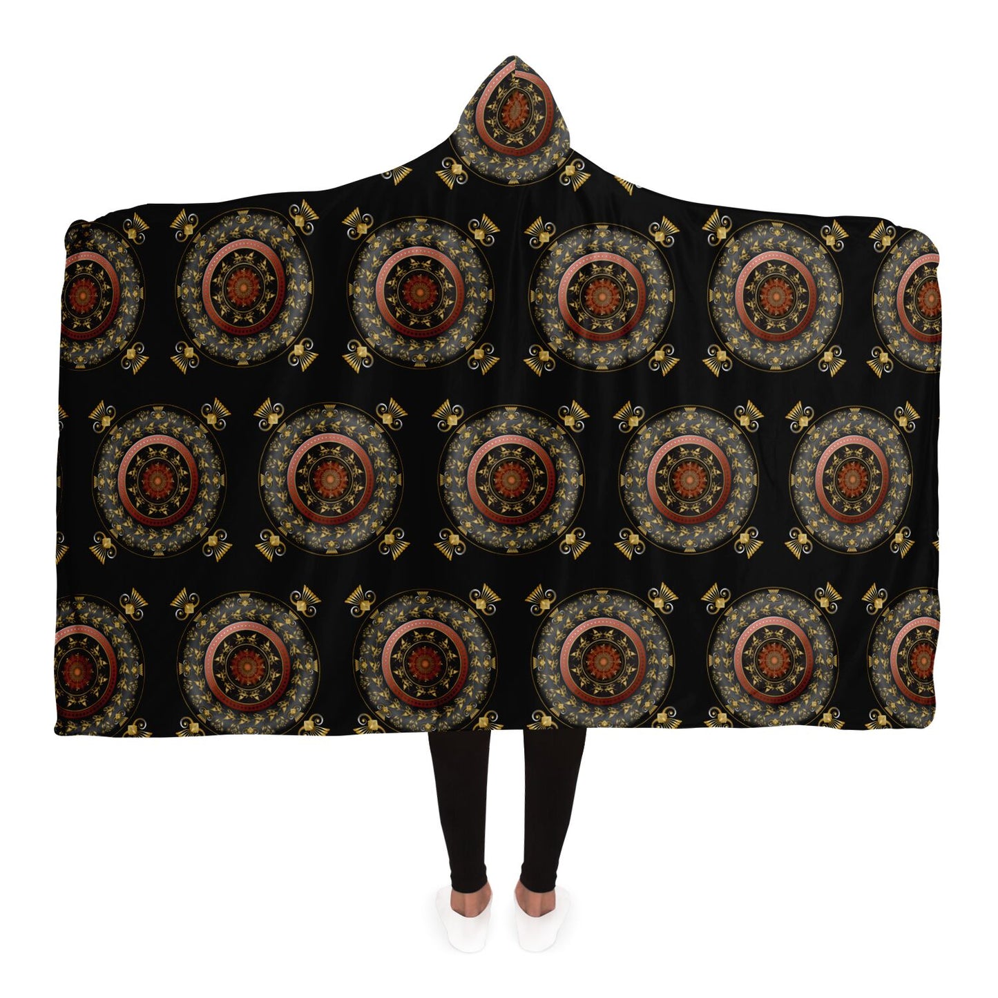 Hooded Blanket - AOP Mandala No 27 Intricate, Gold, Silver, Copper on Black