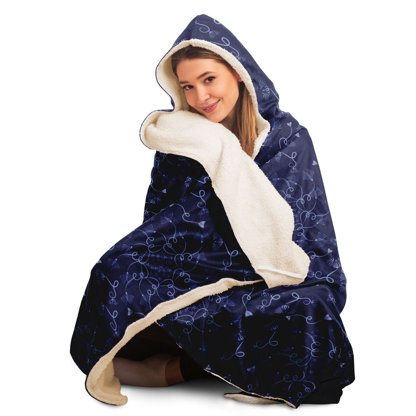 Hooded Blanket - AOP Kukloso Abstractical No 19 Periwinkle Florals on Dark Navy - Free Shipping