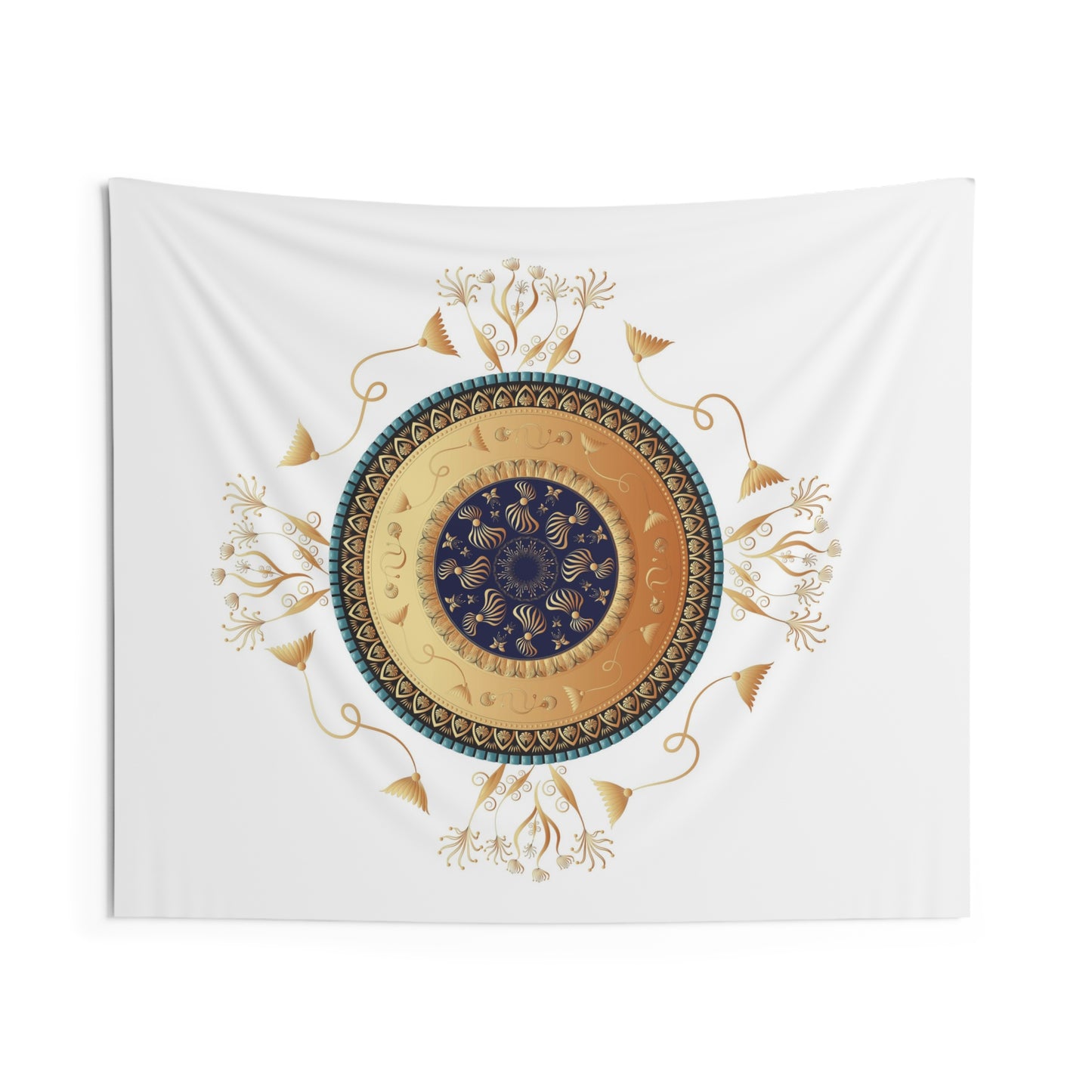 Indoor Wall Tapestries Kukloso Mandala No 151 An Intricate Luxury Gold & Navy Design on White - Free Shipping