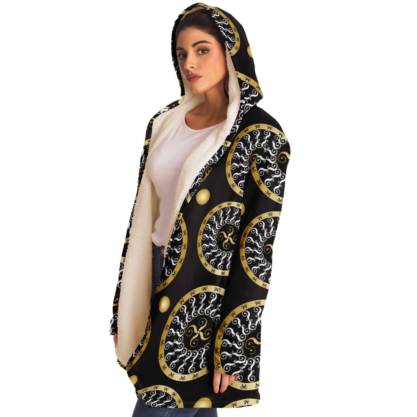 Microfleece Cloak - AOP  Kukloso Abstractical No 173 Gold & White Mandala on Black - Free Shipping