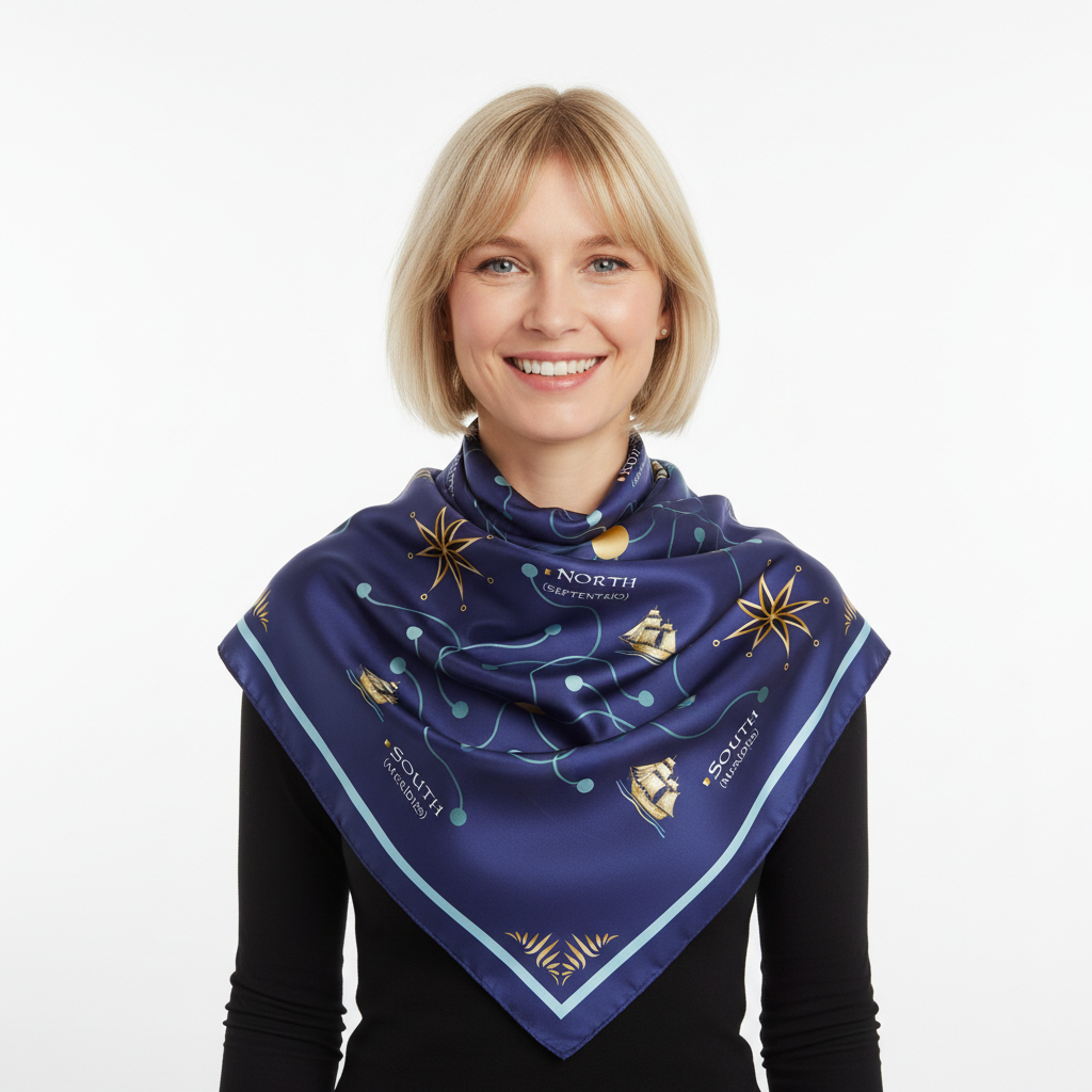 100% Silk Charmeuse Square Scarf Blue Winds Compass