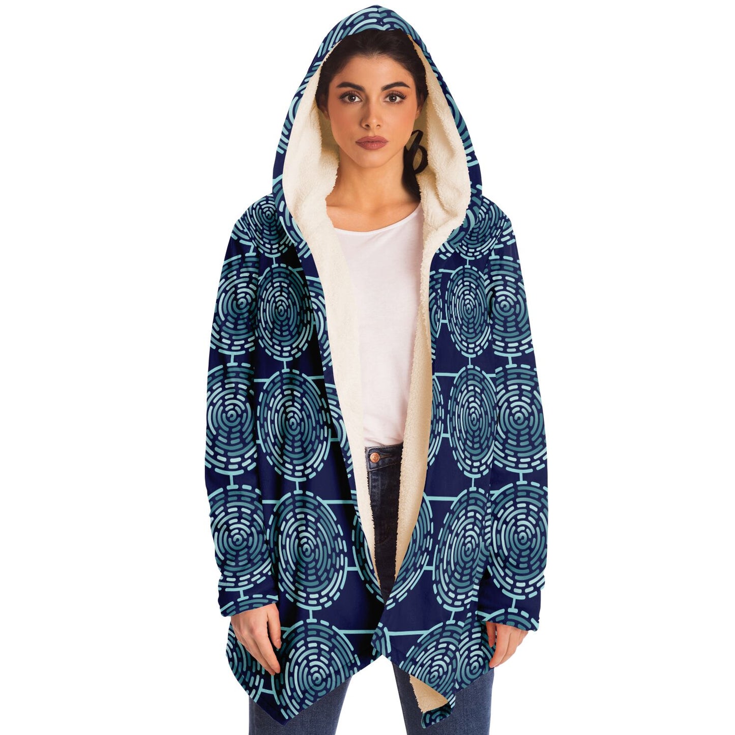 Microfleece Cloak - AOP Kukloso Whimsical No 67 Aqua colored Mandala design on Navy - Free Shipping