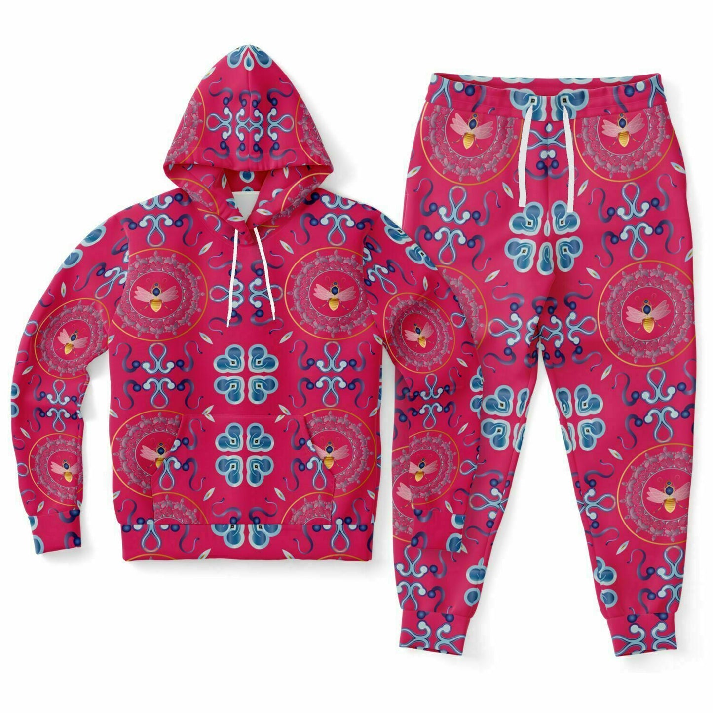 Athletic Hoodie & Jogger - AOP KUkloso No 154 Honey Bee Mandala Design Aqua-Magenta colors - Free Shipping