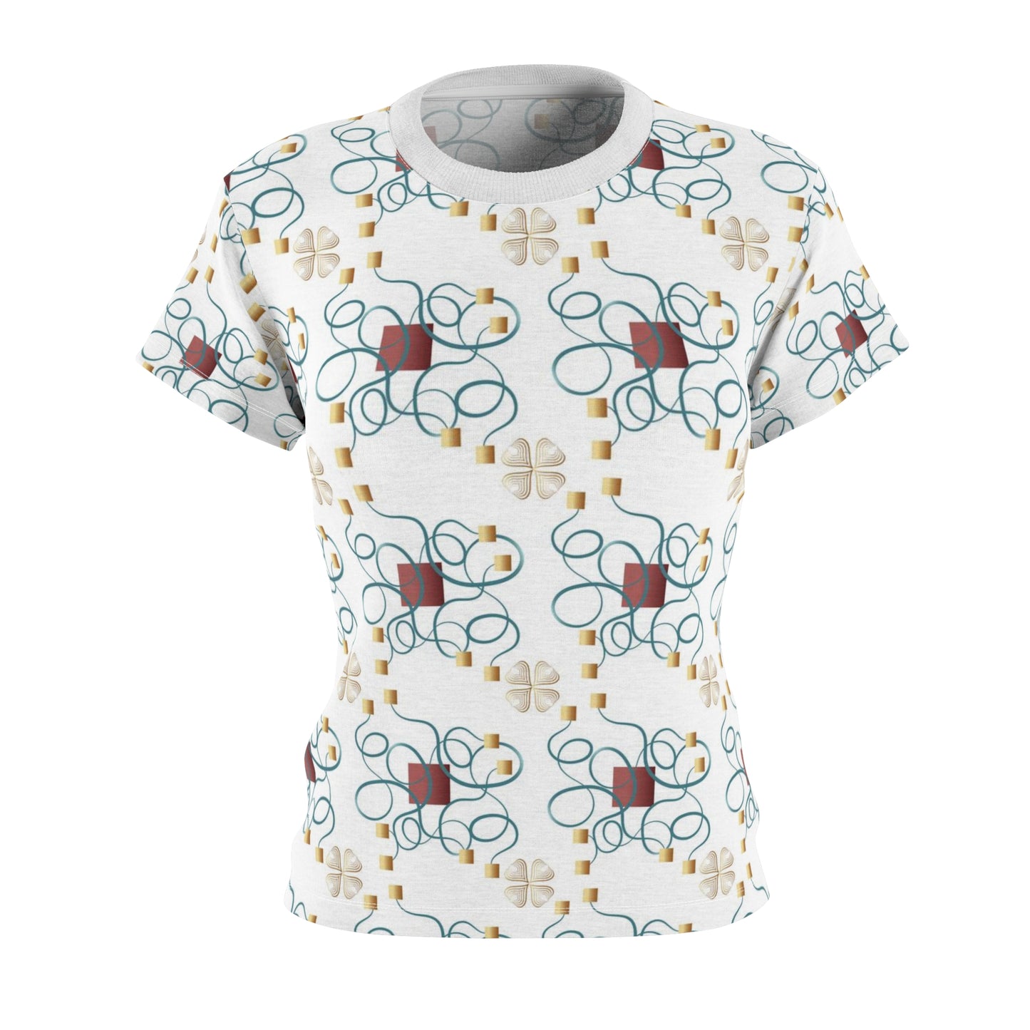 Women's Cut & Sew Tee (AOP) Kukloso Abstractical No 67 Gold, Aqua, Copper on White - Free Shipping