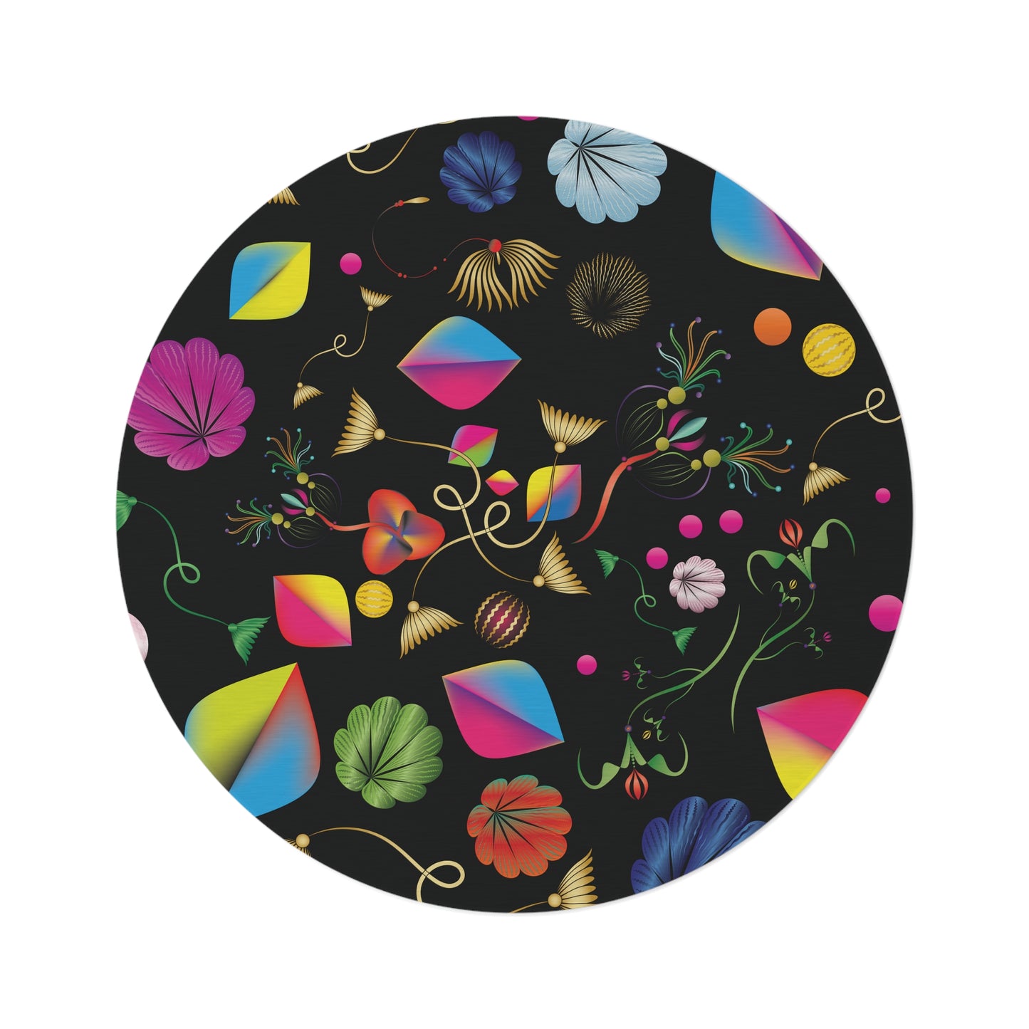 Round Rug Kukloso Abstractical No 24 Playful shapes on Black Free Shipping