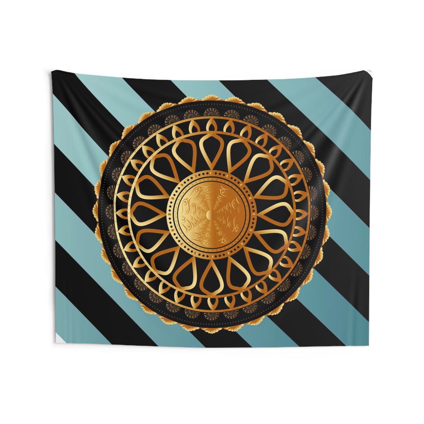 Indoor Wall Tapestries Kukloso Mandala No 152 Gold Design on Aqua & Black Striped Background - Free Shipping