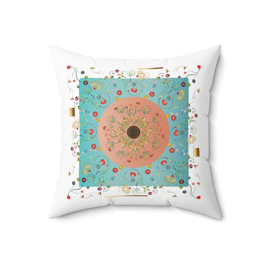 Spun Polyester Square Pillow Kukloso Kuklos Designs No 4390 Aqua & Pink - Free Shipping