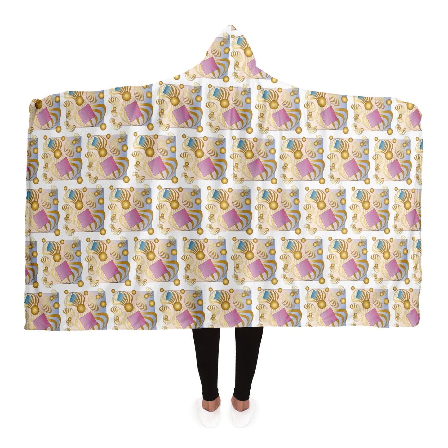 Hooded Blanket - AOP Kukloso Abstractical No 214 Blue, Pink, Gold Shapes on White - Free Shipping