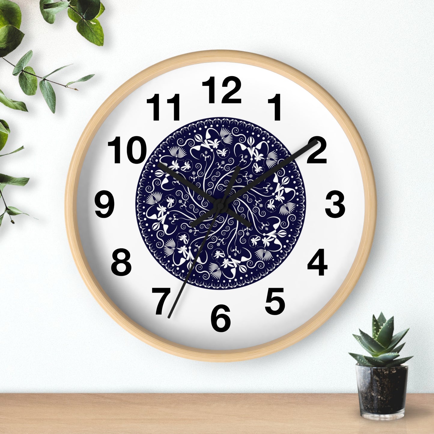 Wall Clock Kukloso Mandala No 155 White Florals on Navy - Free Shipping