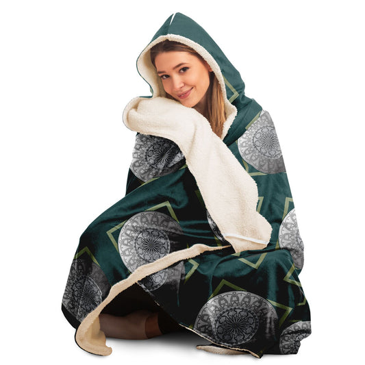 Hooded Blanket - AOP Mandala No 22 Silver on Dark Green