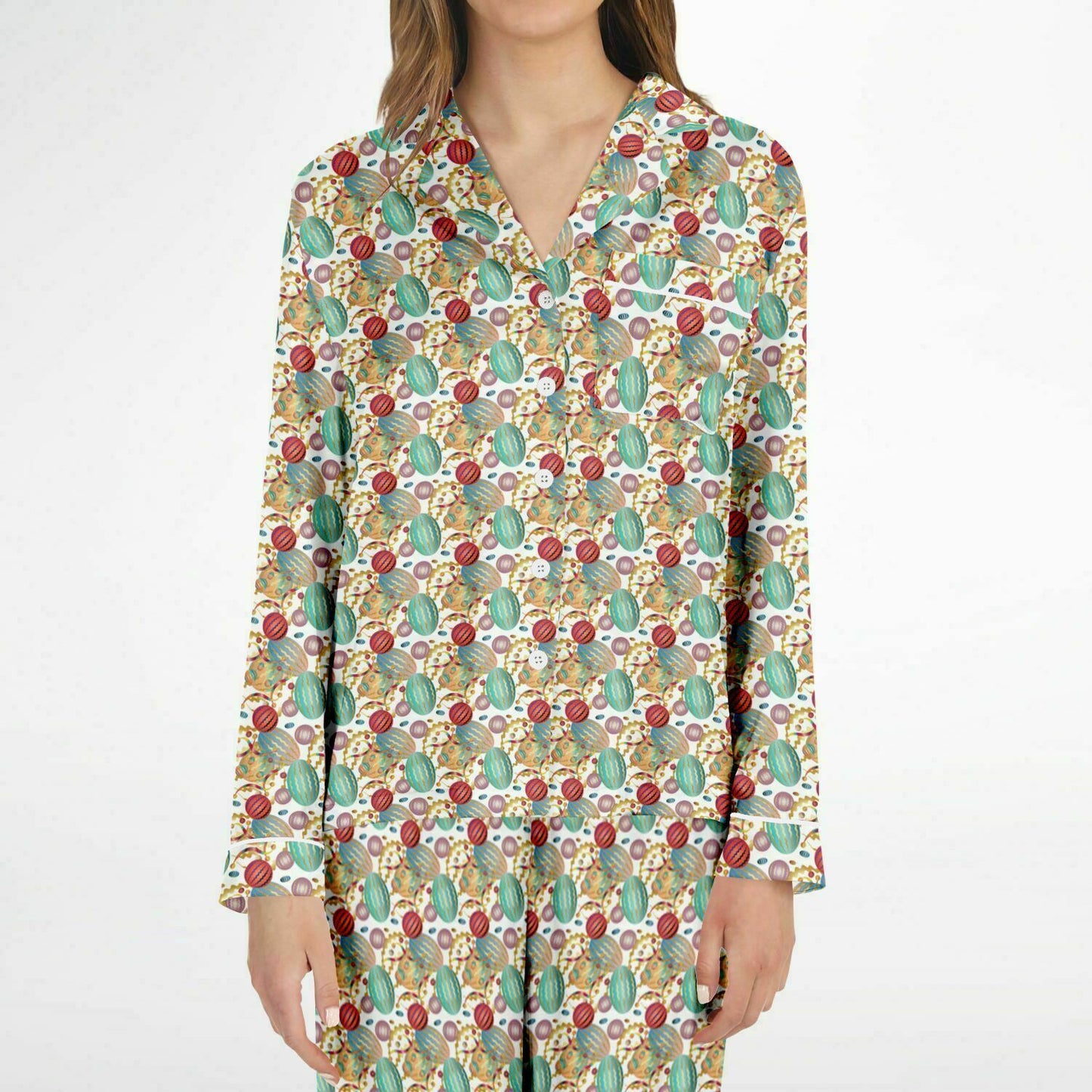 Women's Satin Pajamas Kukloso Whimsical No 20 Abstract multicolored orbs on White - Free Shipping