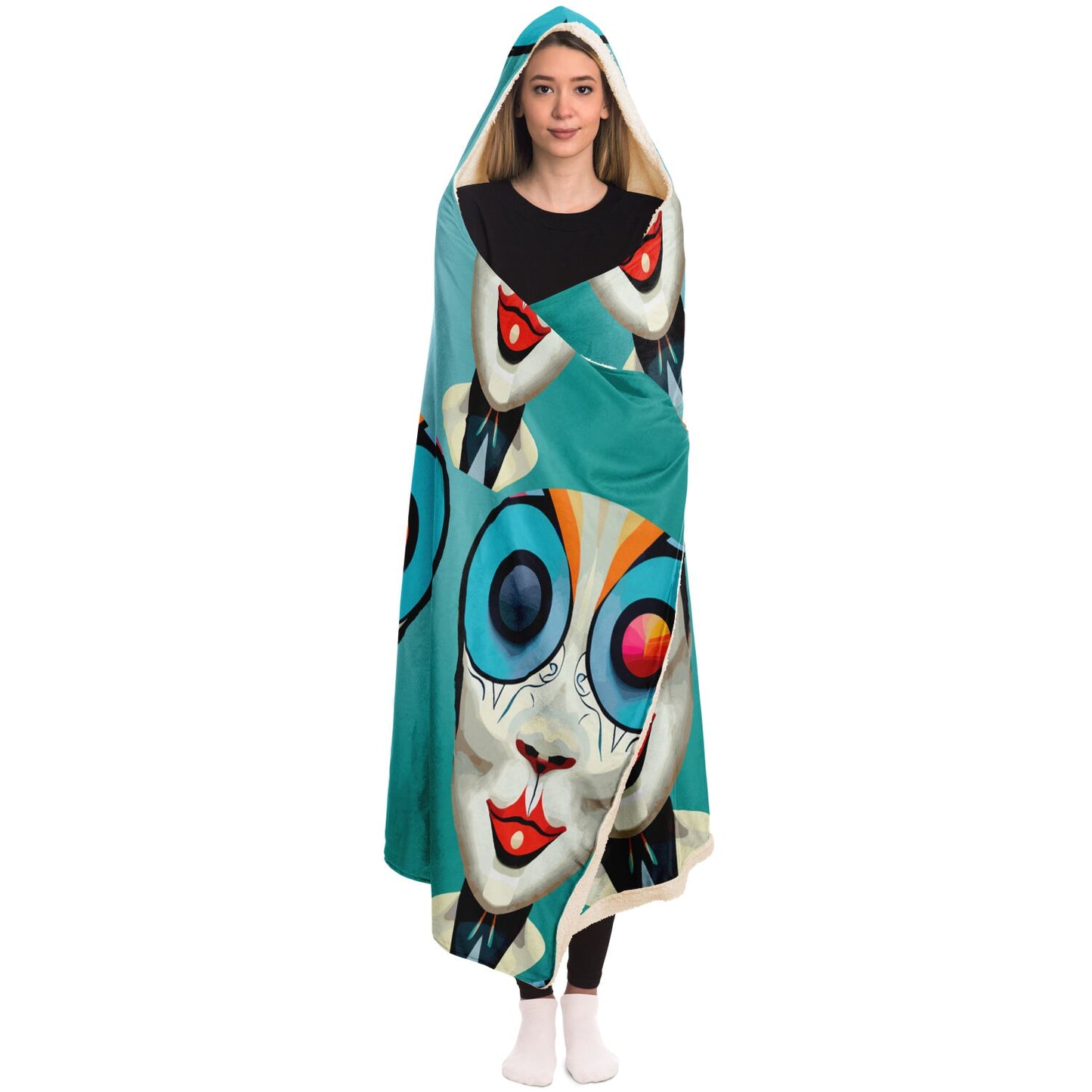 Hooded Blanket - AOP Kukloso Cubist Faces No 12 Blue Green- Free Shipping