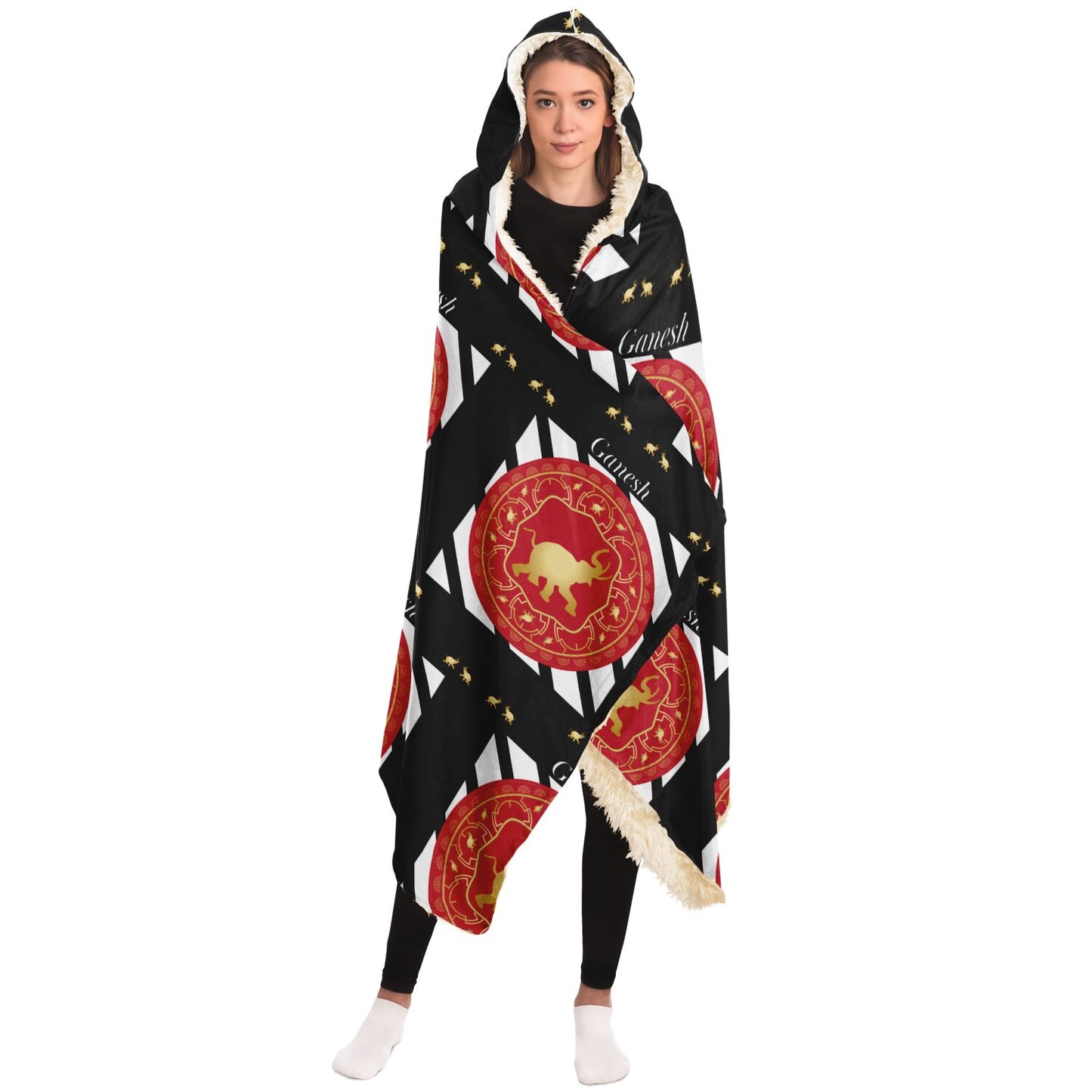 Hooded Blanket - AOP Mandala No 80 Black, White, Red, Gold Ganesh on Black