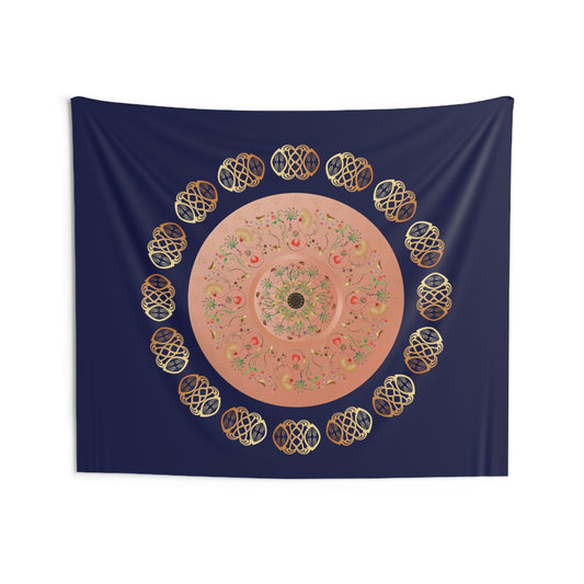 Indoor Wall Tapestries Kukloso Mandala No 145 Abstract Florals, Peach, Navy Colors - Free Shipping