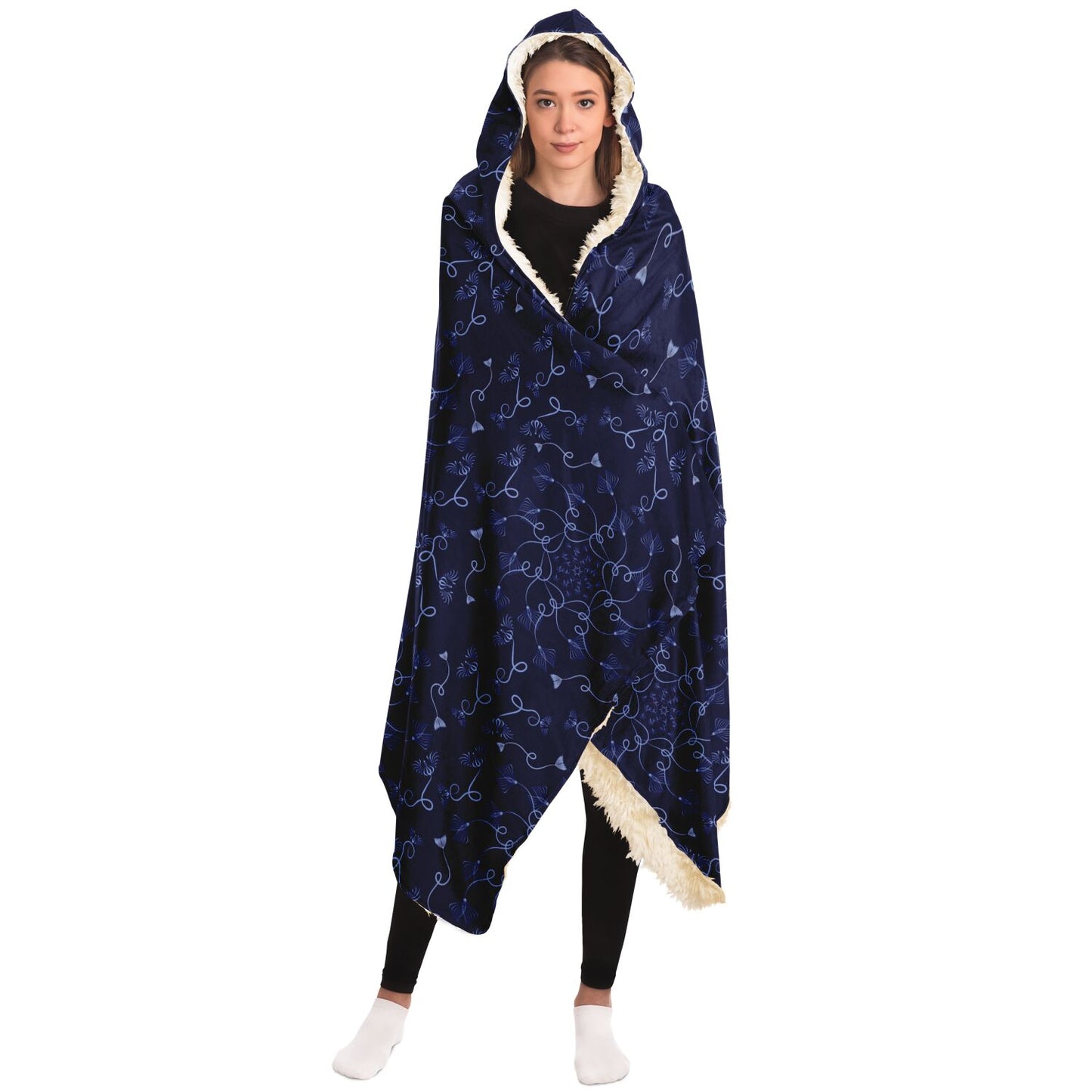 Hooded Blanket - AOP Kukloso Abstractical No 19 Periwinkle Florals on Dark Navy - Free Shipping