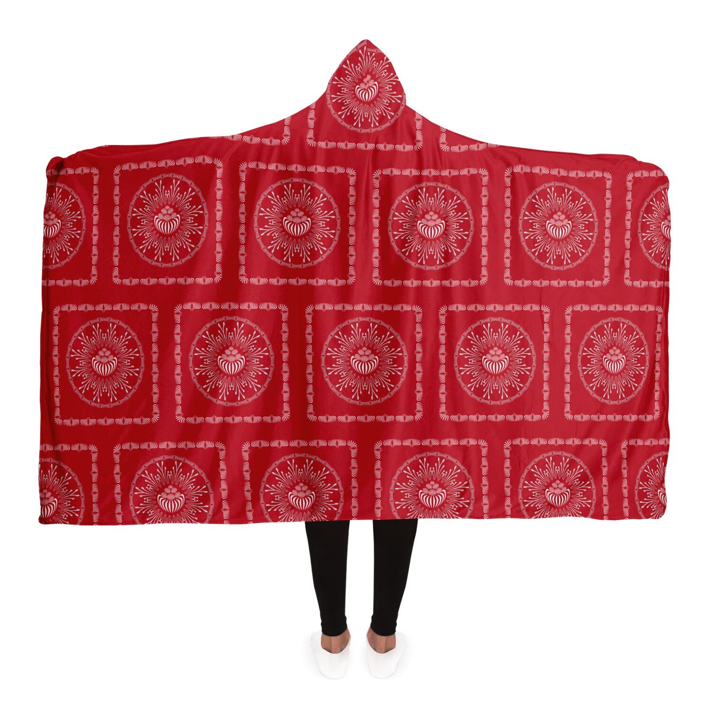 Hooded Blanket - AOP Mandala No 25 White Design on Red