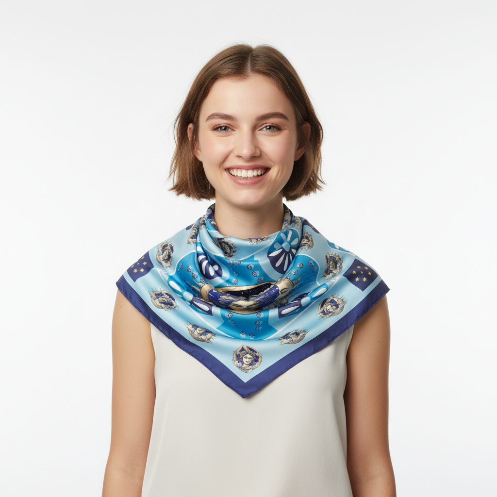 100% Silk Charmeuse Square Scarf Crescent Moon in Blue