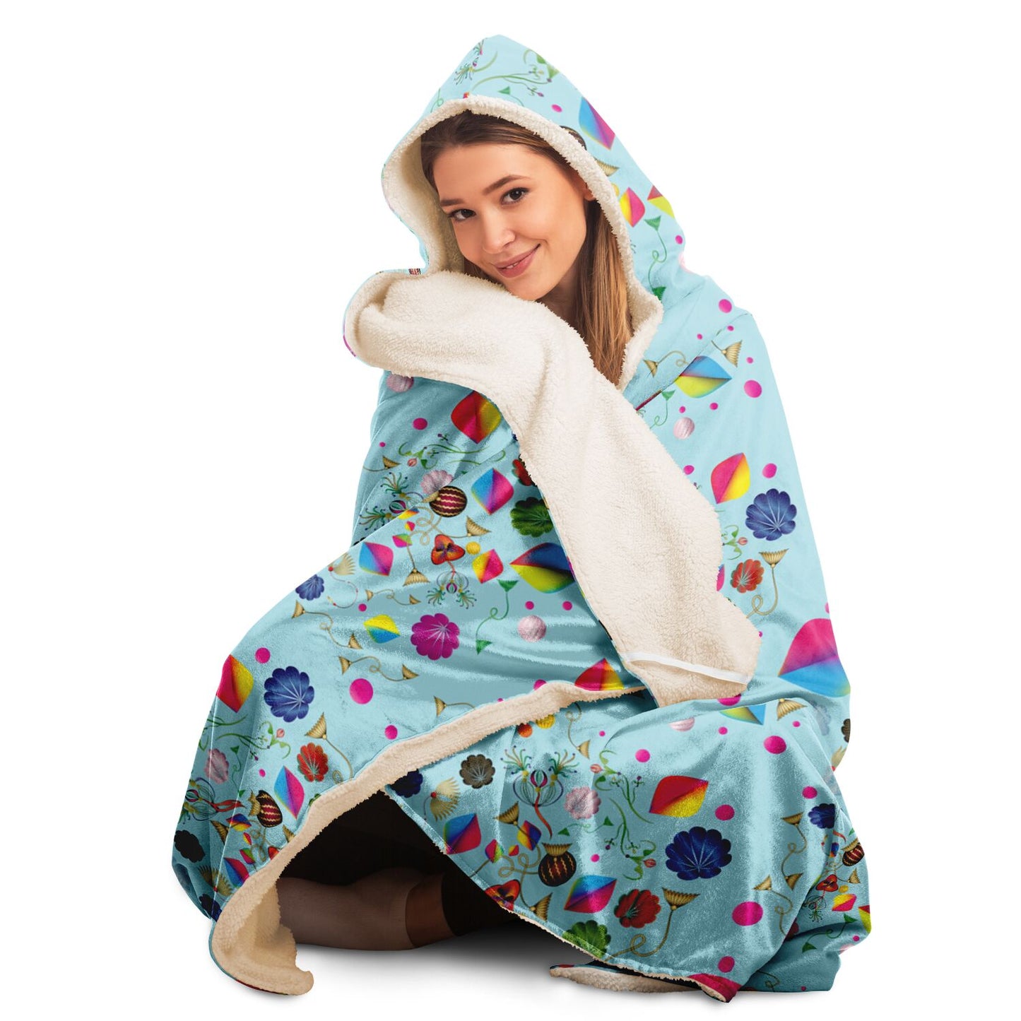 Hooded Blanket - AOP Kukloso Abstractical No 24 Happy Shapes & Florals on Aqua - Free Shipping