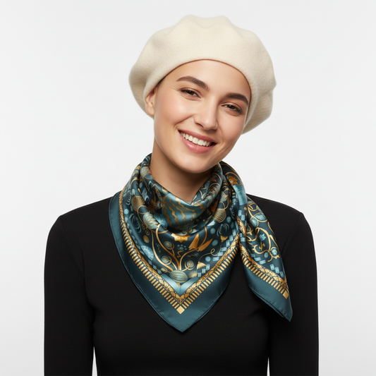 100% Silk Charmeuse Square Scarf Modern Mandala Aqua Gold No 6