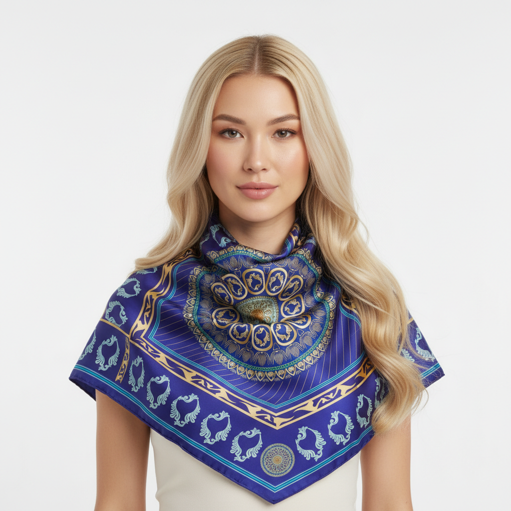 100% Silk Charmeuse Square Scarf Mandala in Blue