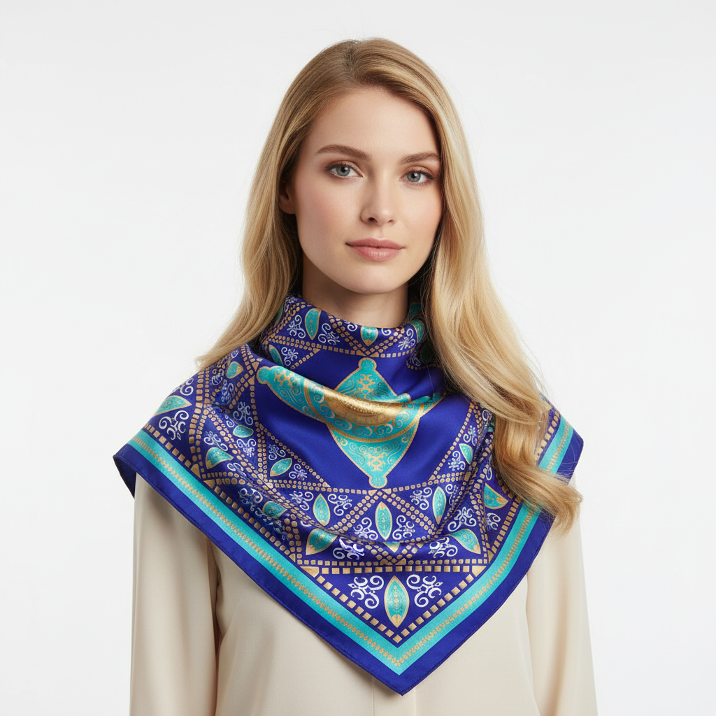 100% Silk Charmeuse Square Scarf Mandala Blue and Aqua